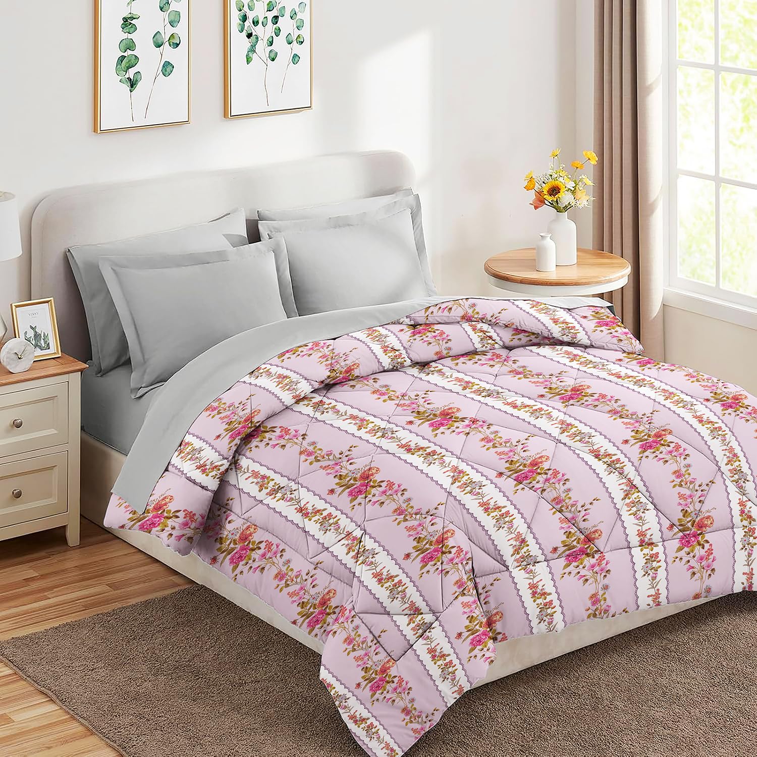 VAS COLLECTIONS 220 GSM Microfiber Reversible AC Comforter |Quit | Blanket | Duvets for King Size Double Bed 180Tc (230X250 cm, Pink Flowers)