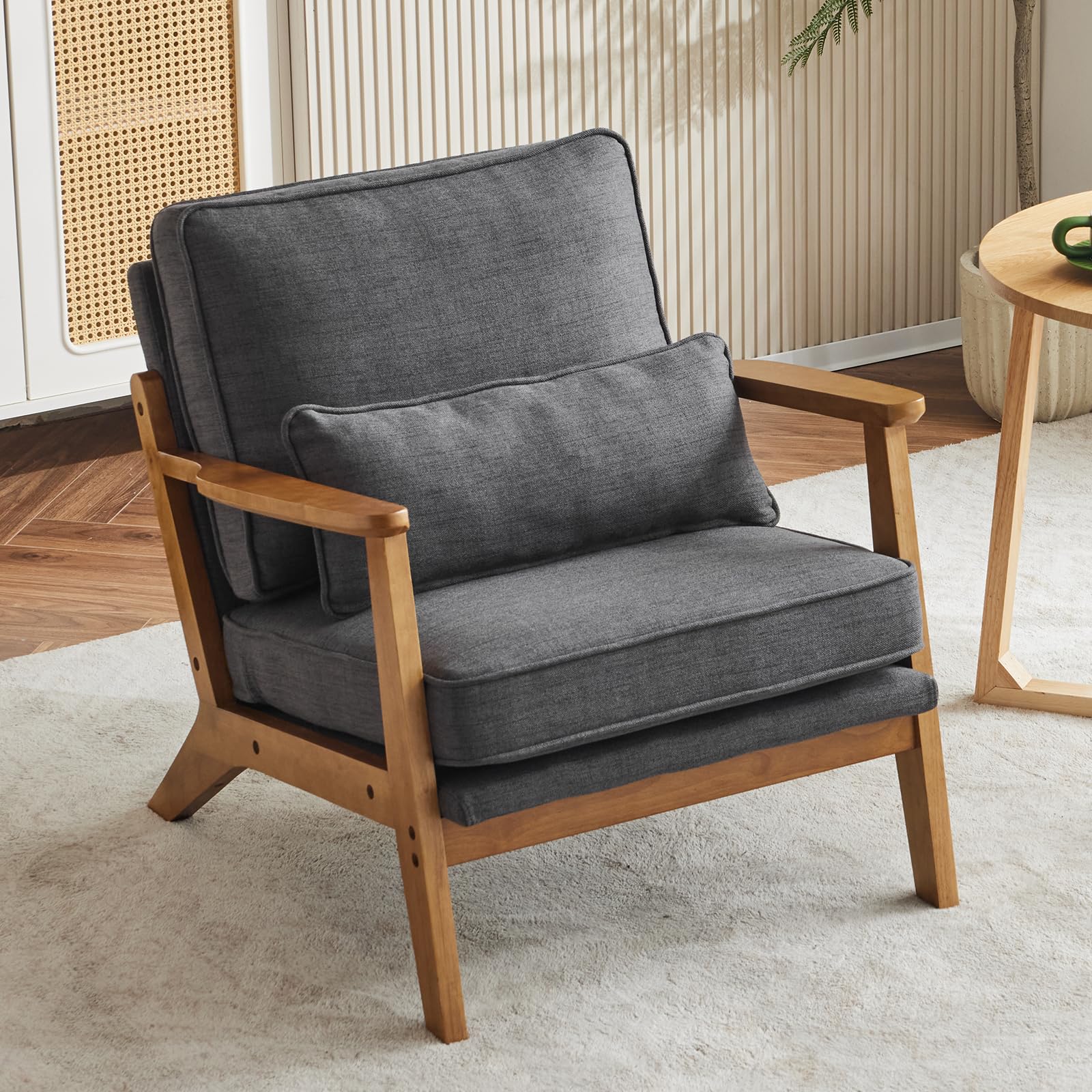 karl home accent chair wide armrest mid-century lounge chair linen fabric armchair with lumbar pillow amp solid wood frame for living room bedroom balcony gray