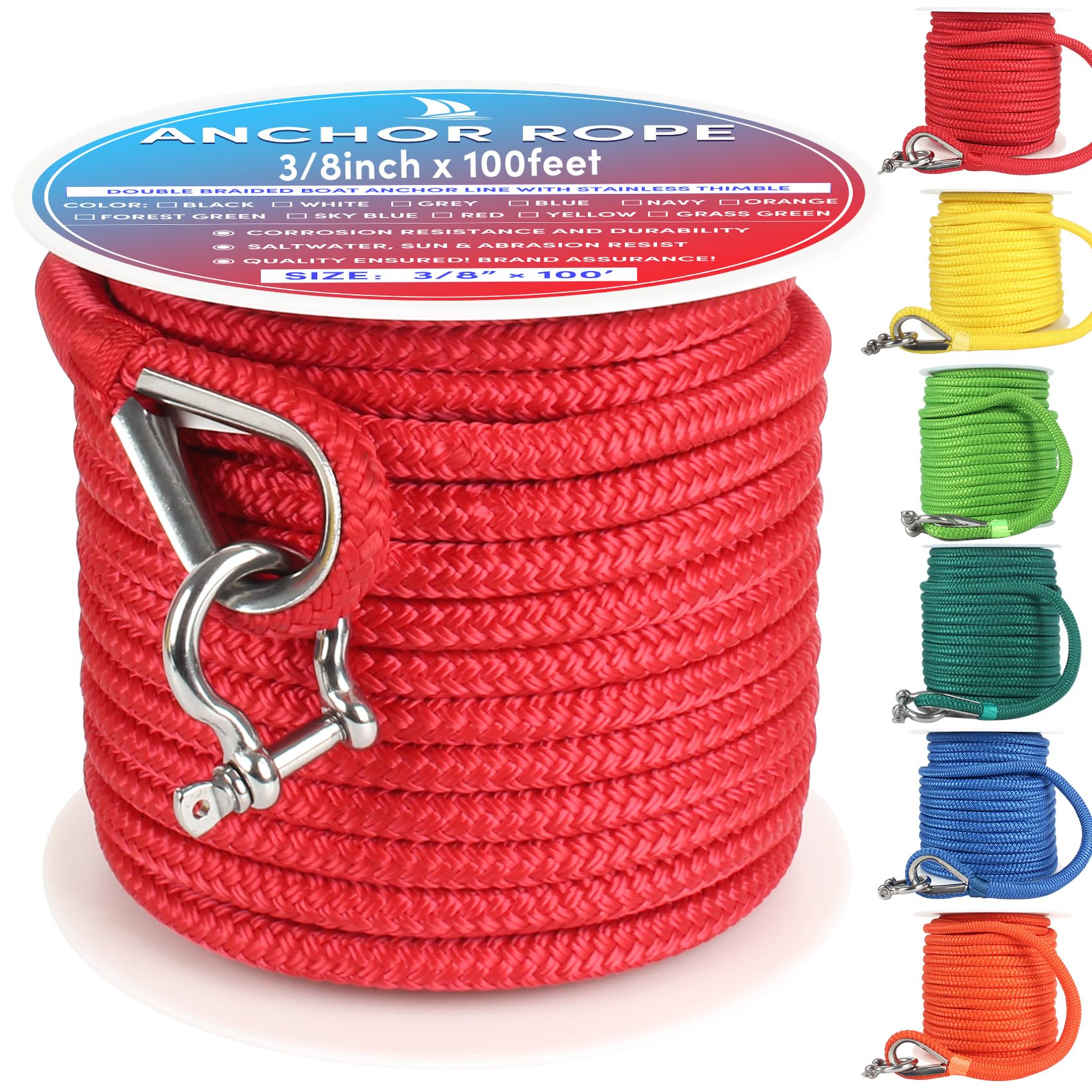 Snapklik.com : VEITHI Boat Anchor Rope 100 Ft X 3/8 Inch Red, Double ...