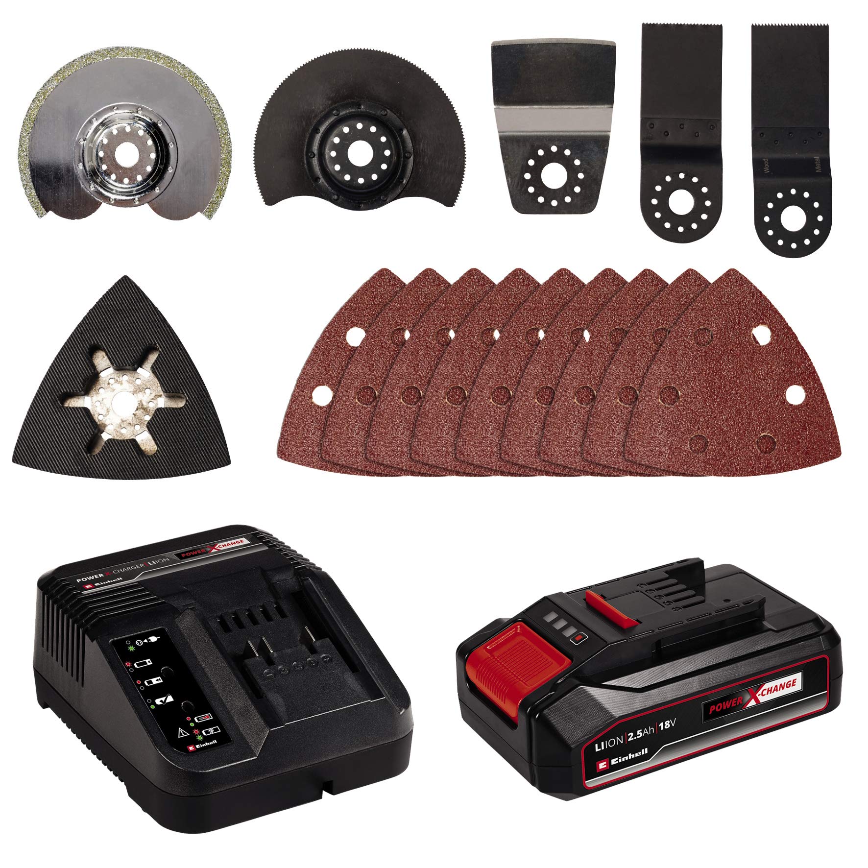 Einhell VARRITO Herramienta Sin Cable Multifunción, 18 V, set de 14 piezas, adherencia suave y velocidad ajustable + Kit para principiantes con Batería 2,5 Ah duración + Cargador Power X-Change