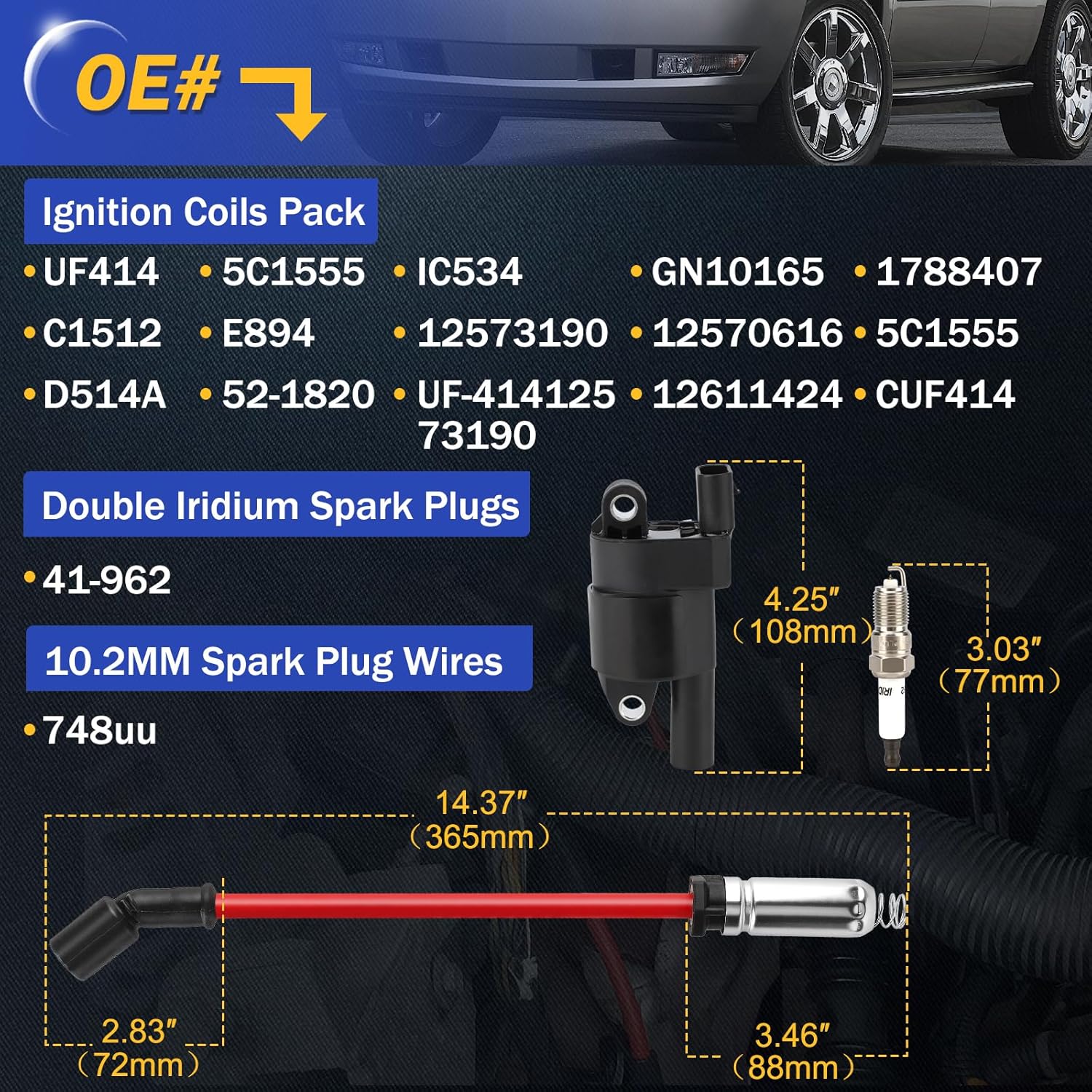 UF414 Ignition Coils Pack & Double Iridium Spark Plugs & 10.2MM Spark Plug Wires for Chevy Avalanche Express Tahoe Silverado Suburban 1500 2500 3500/GMC Savana Sierra Yukon/Cadillac Escalade