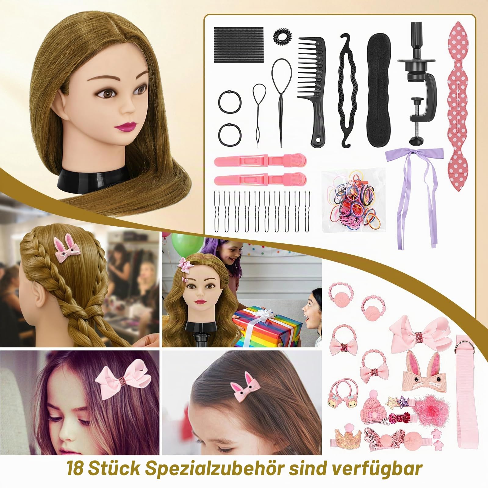 Frisierkopf,80% Puppenkopf Echthaar Blonden Haare,24 Zoll Puppe Übungskopf zum Frisieren,Trainingskopf Friseur Frisuren Puppe mit Tischklemme & Flechtset,Styling Mannequin Kopf für Friseur