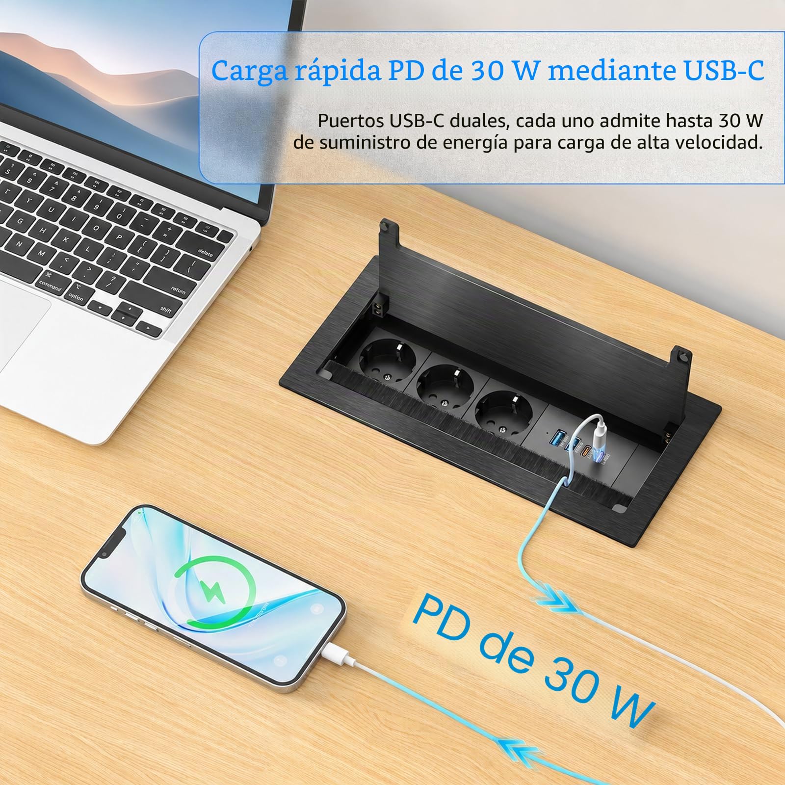 Enchufe empotrable de Aluminio para Cocina, encimera y Oficina con 3 Tomas de Corriente, 2 Puertos USB-C PD 30W y 2 USB-A, regleta de enchufes empotrable con Cable de 1,8 m, Color Negro