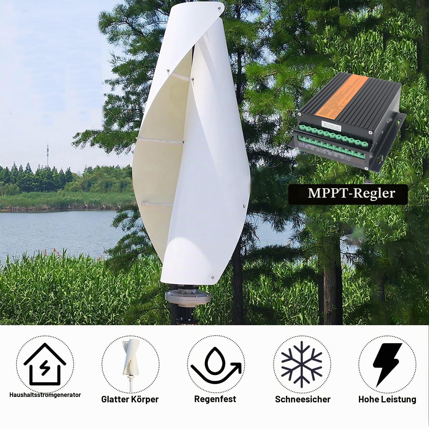2000W Windkraftanlage Komplettset 24V 48V Hocheffiziente Kleinwindkraftanlage für Haus, Boot und Wohnmobil, Weiß 48V mit MPPT-Laderegler