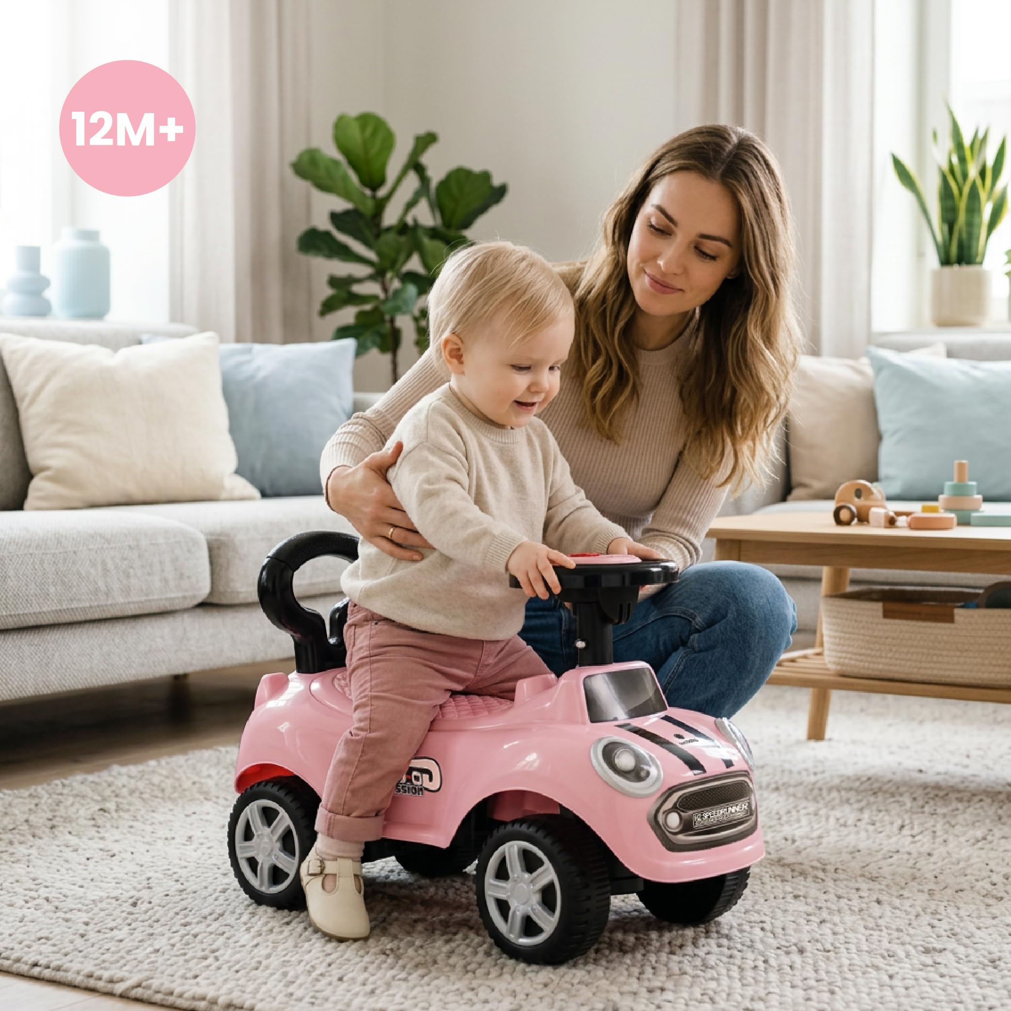 sun baby Jeździk pchacz dla dzieci GO GO Fassion, efekty dźwiękowe, plastikowe siedzisko i koła, zabezpieczenie przed przewróceniem się (Różowy)