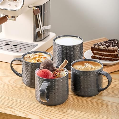 Miniatura 5 de Hasense Juego de 4 tazas de café con soporte, juego de tazas de café apilables de porcelana de 15 onzas con asa para té, latte, leche y capuchino,