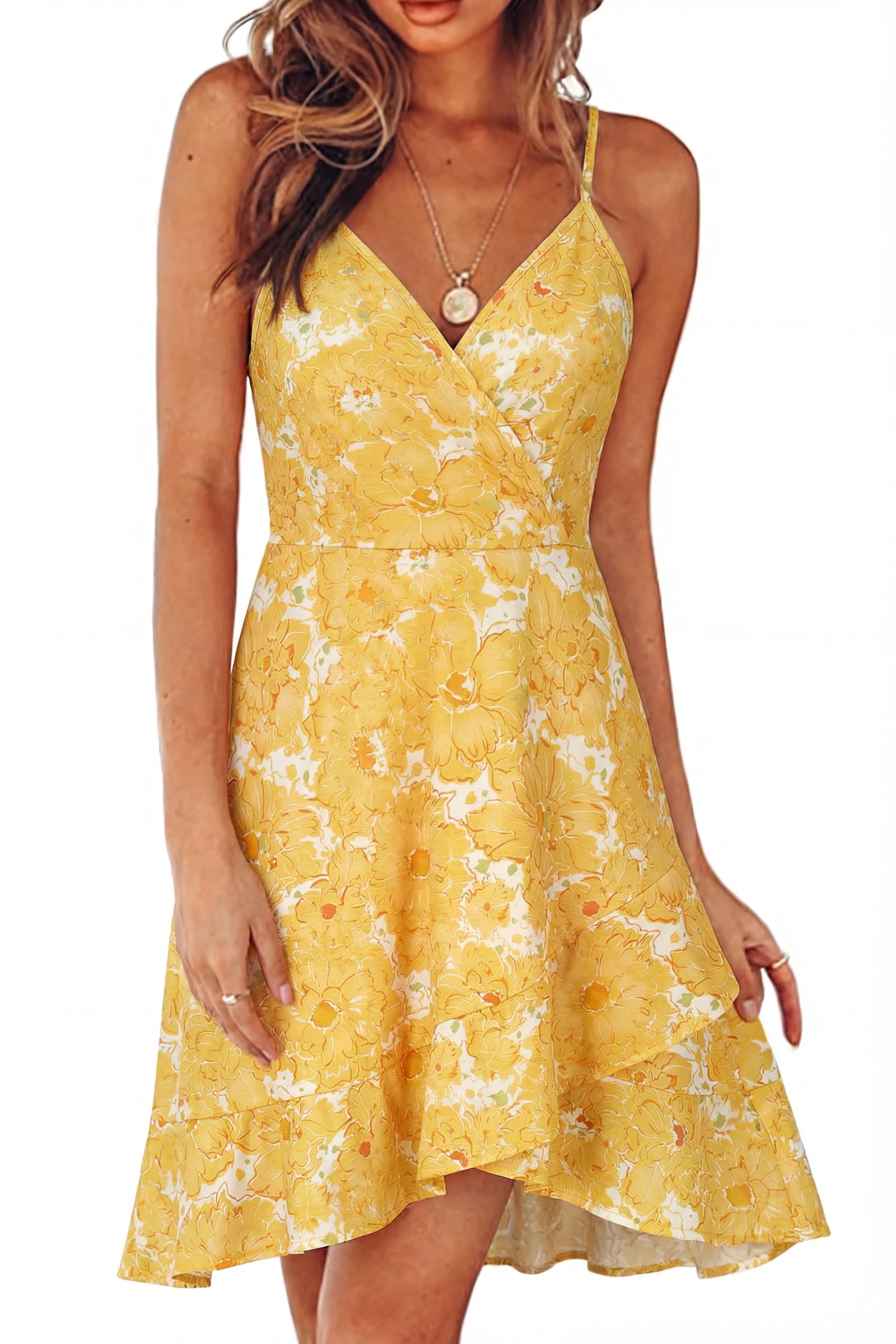 ULTRANICE Womens Summer Dresses Floral V Neck Ruffled Hem Spaghetti Spring Casual Beach Outfits Flowy Wrap Sun Dress