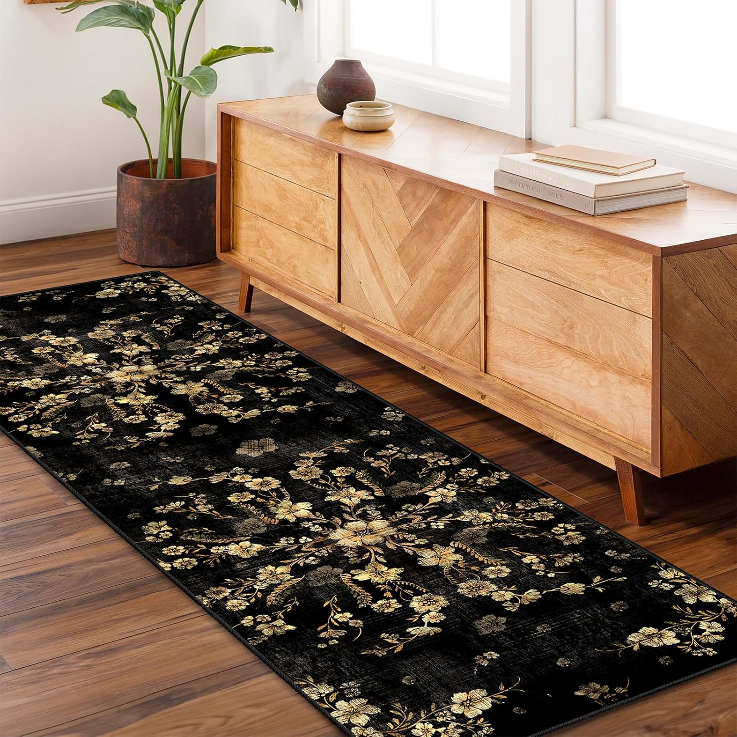 Black Runner Rug 2x6 Floral Washable Rug Runners for Hallway Kitchen,Long Boho Rugs for Bedroom Entryway Bathroom,Non Slip Vintage Bohemian Farmhouse Floor Carpet,Gold Flowers