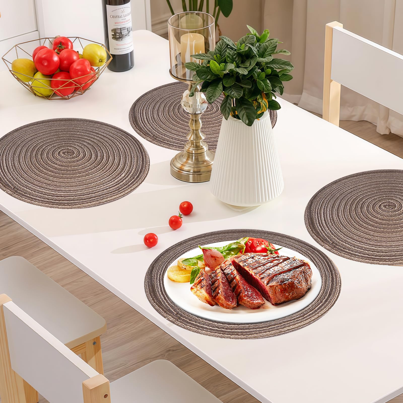 8 Stück Tischset Rund Geflochten,30cm Platzset Rund Abwaschbar,Kaffeebraun