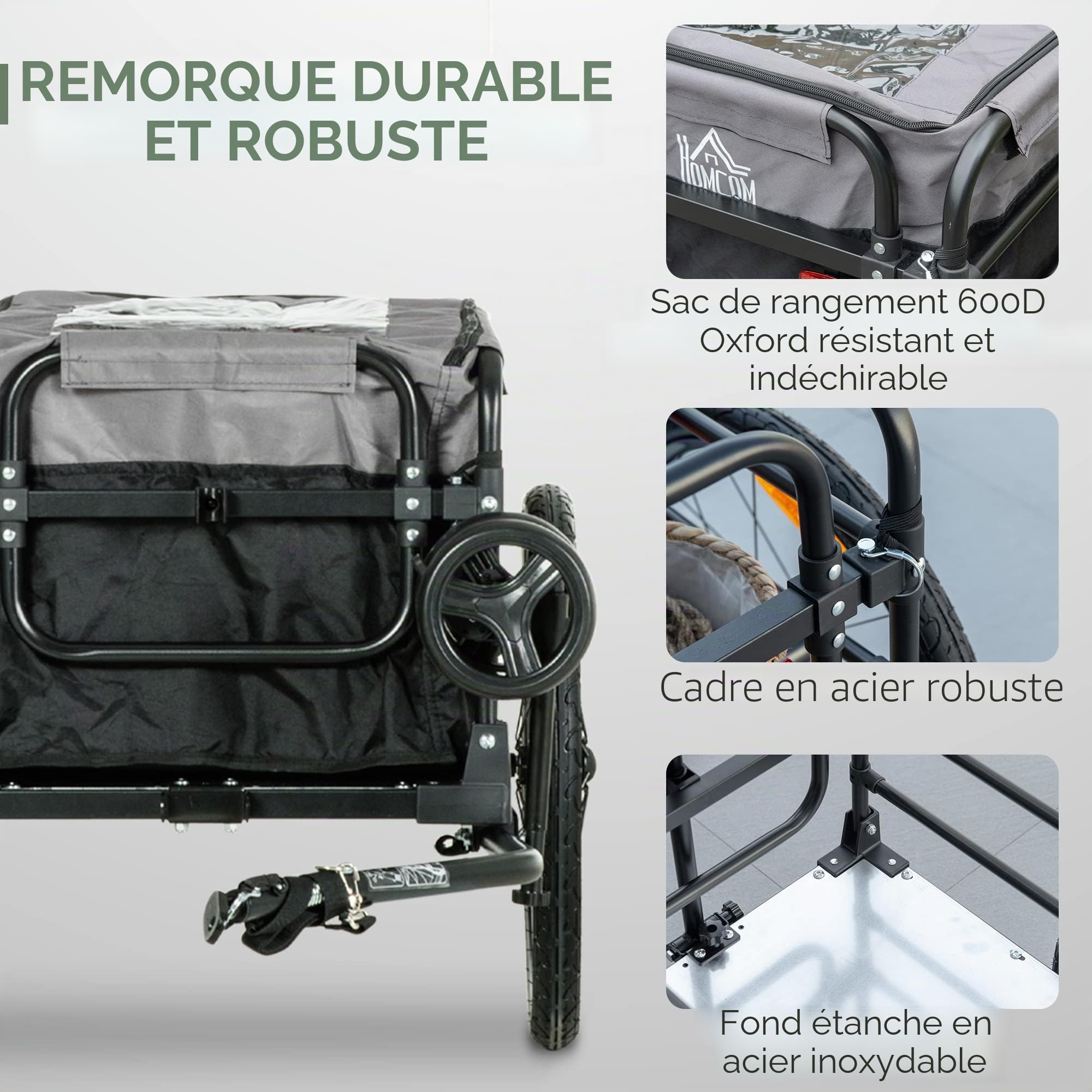 HOMCOM Remorque de vélo 2 en 1, remorque de transport, pneus 20 pouces, 40 kg de charge, acier, tissu Oxford, noir+gris, 130 x 64 x 64/103 cm