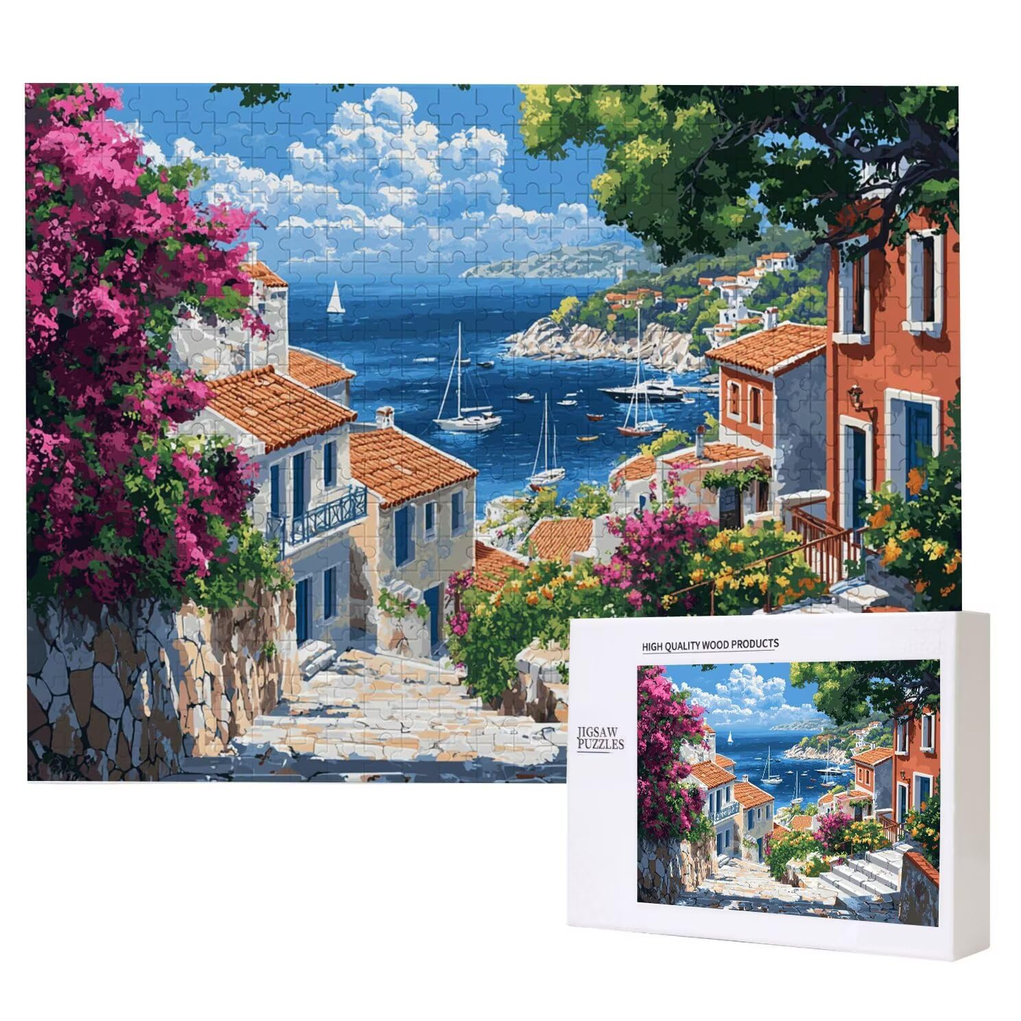 4000 Teile Puzzle für Erwachsene Schwieriges Kunst Puzzle zur Entspannung Meditationspuzzle,Abstrakte Landschaft,Holzpuzzle,Magnetfolie Wanddekoration,Geschenk Erwachsene Am Meer Kleine Stadt 1 K0F-99