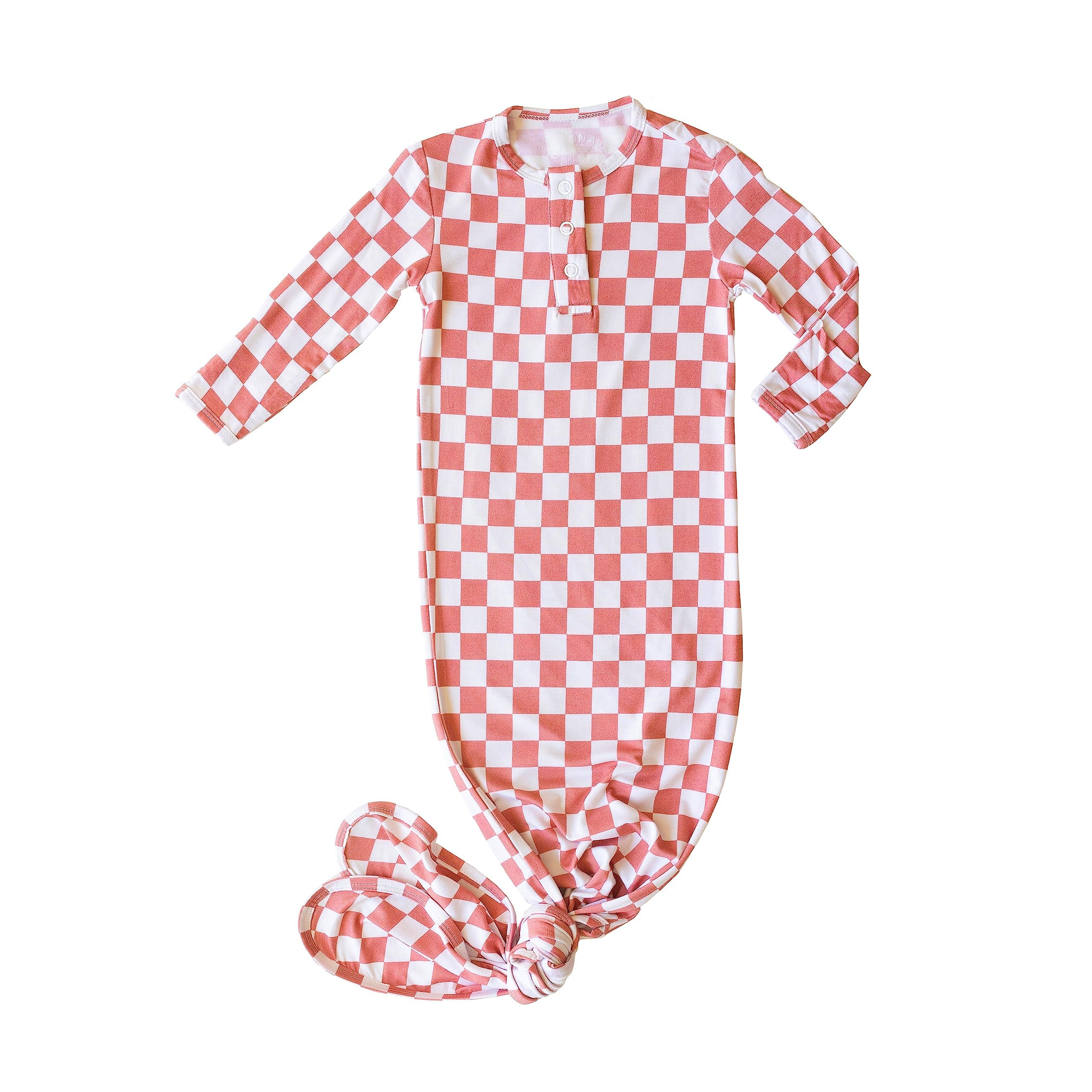 Checkered Knotted Gown Baby Newborn, Viscose derived from Bamboo, Infant Sleeper with Mittens, Baby Girl, Baby Boy