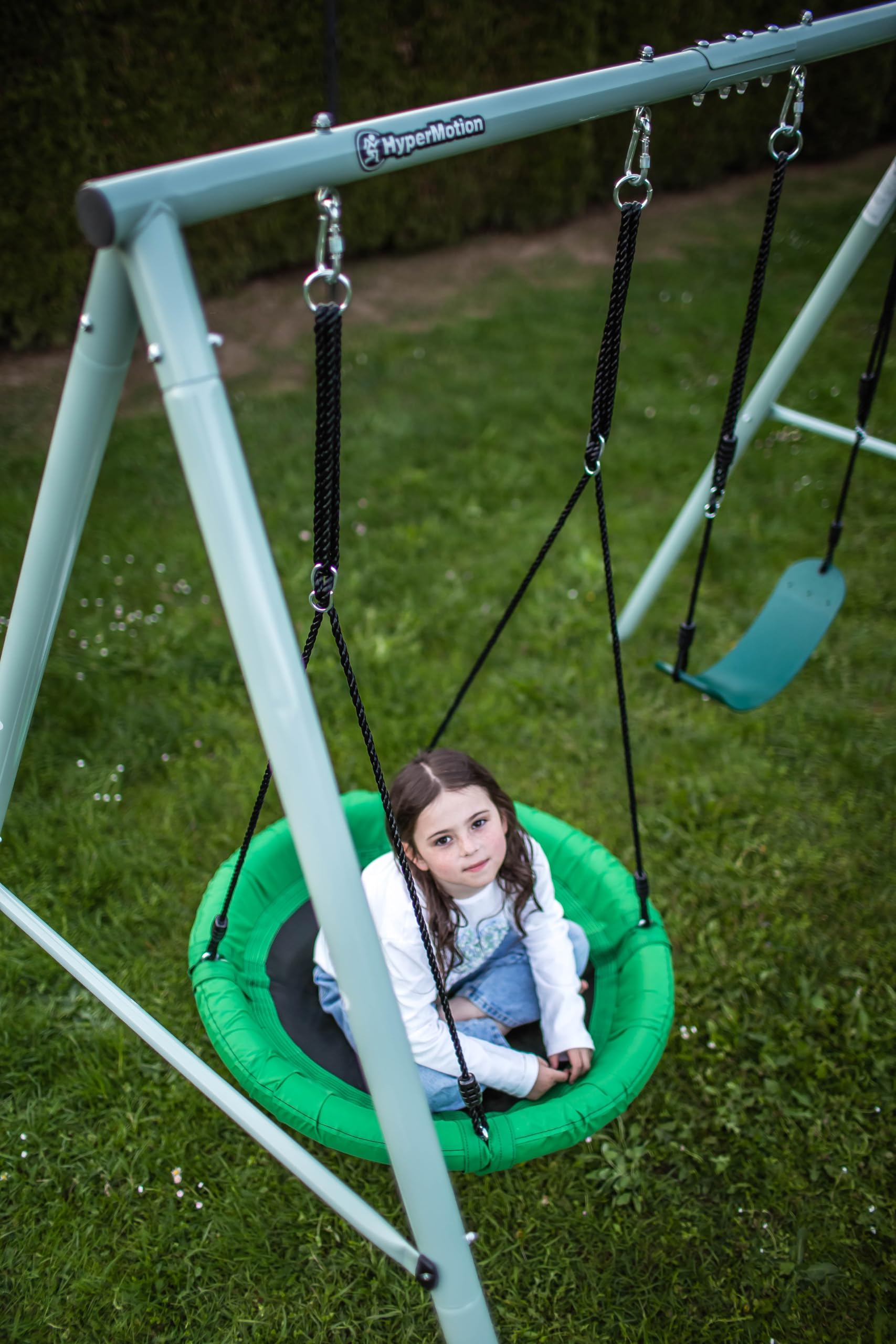 HyperMotion Columpio Infantil Doble para Jardín Exterior - Asiento y Nido de Cigüeña Ajustable con Estructura en A - para 2-3 Niños, Carga 200kg, Resistente UV