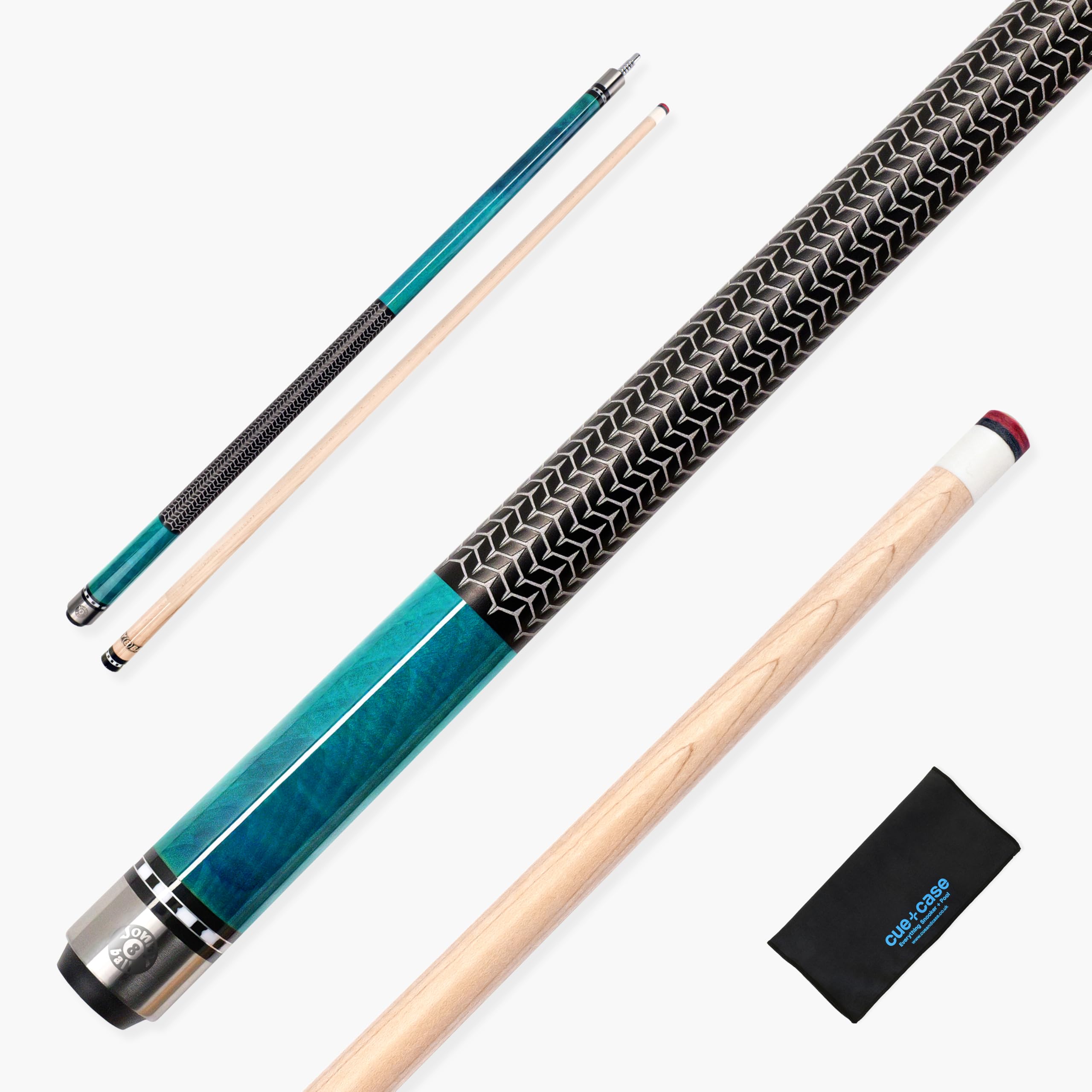 Jonny 8 Ball IRONWEAVE 58 Inch 2 Piece Centre Joint American Pool Cue with 12.5mm Layered Leather Tip - Free Microfibre Cue Towel (Blue Cue Only)