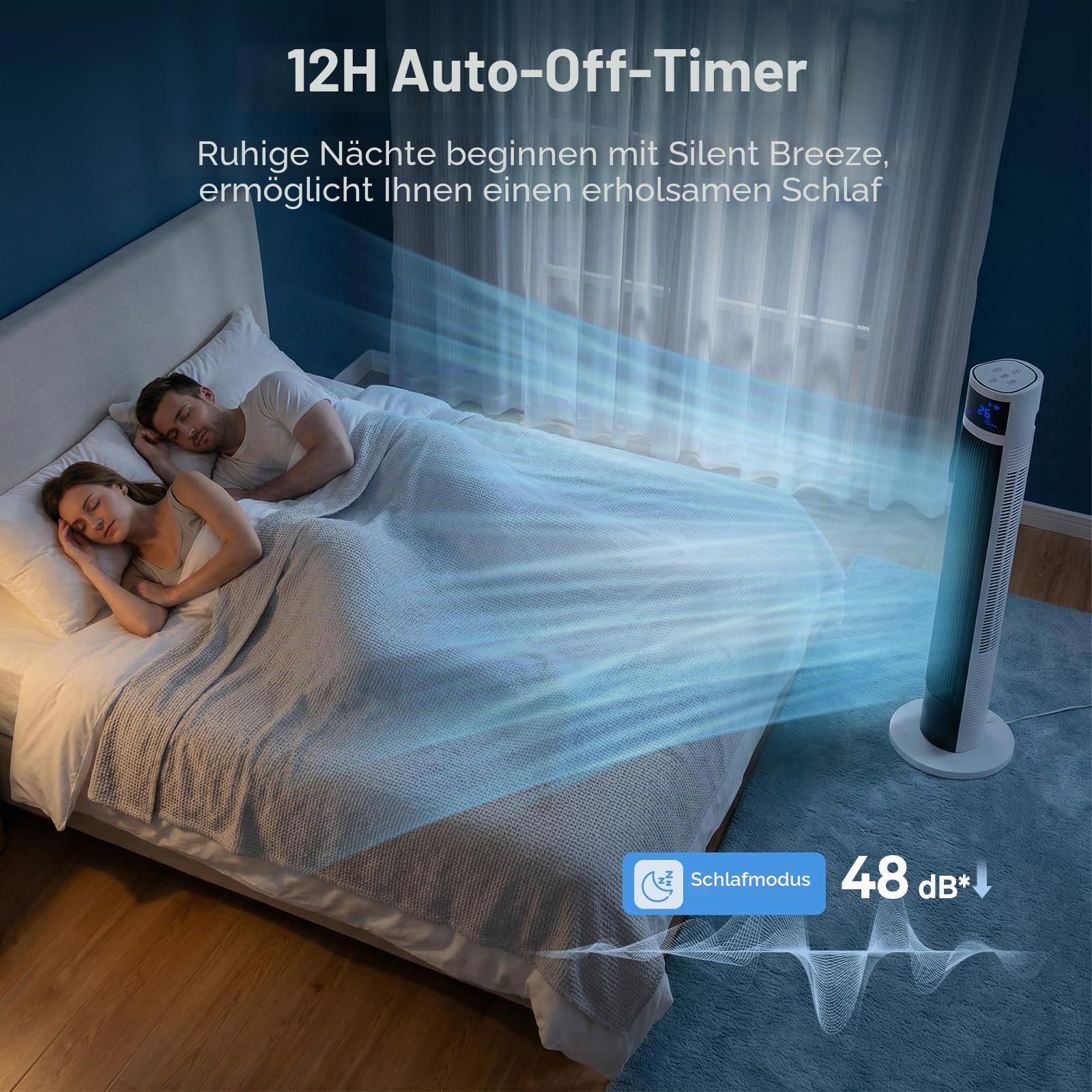 30dB Turmventilator Sehr Leise mit Fernbedienung | 80° Oszillation, drei Modi, Raumkühlung, platzsparender Tower Fan, kühlender Luftstrom, Schlafzimmer Büro, Senioren geeignet