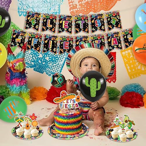 Miniatura 5 de Suministros para fiestas  Decoraciones de fiesta mexicana que incluyen platos, vasos, servilletas, mantel, cartel de fiesta de Let's Fiesta, globo