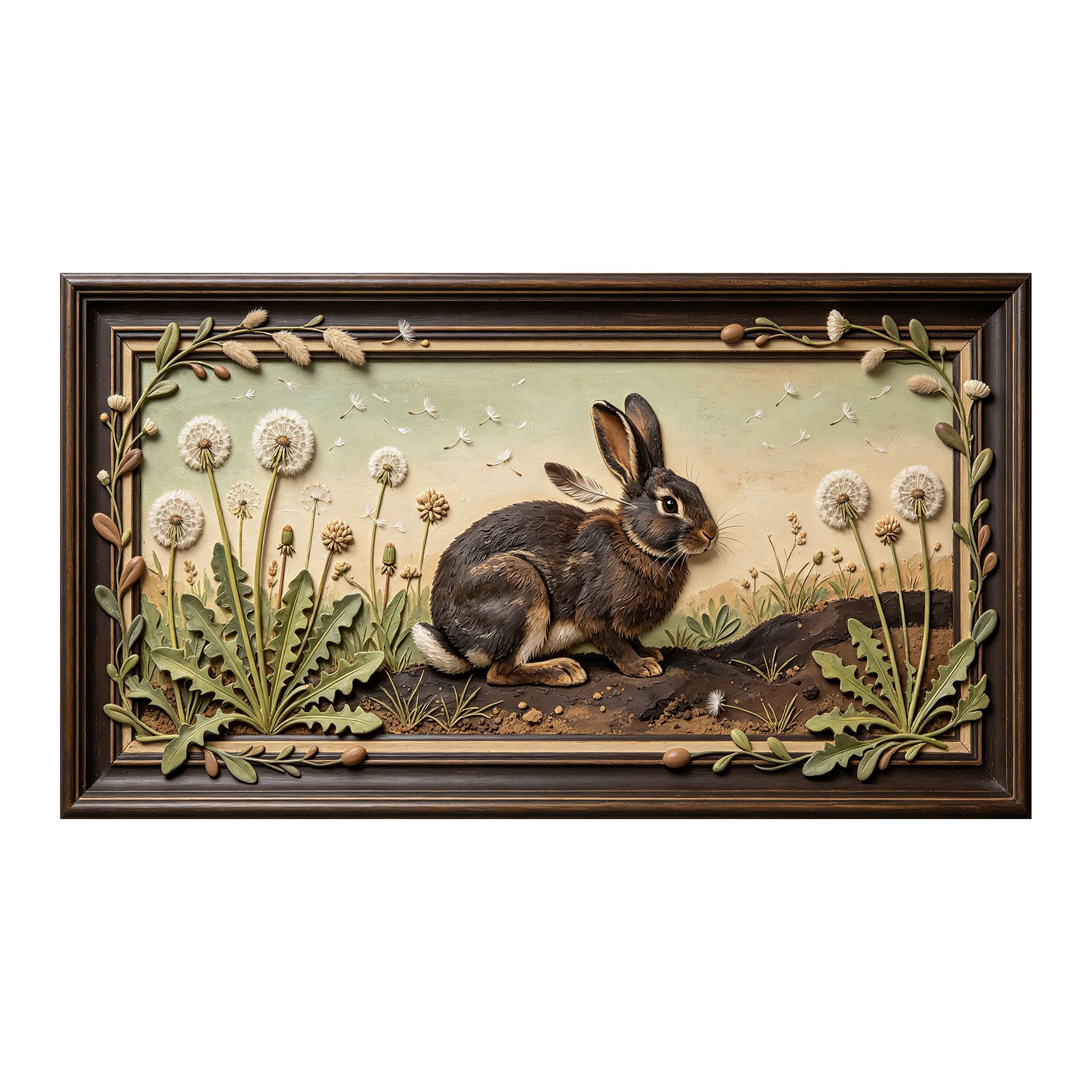 Murasolite 3D 3D Framed Wall Art 50cm×90cm Rustic Rabbit Meadow Botanical Relief SelfAdhesive Fabric Mural Wall Decor, Peel and Stick No Damage to Wall for Bedroom Living Room