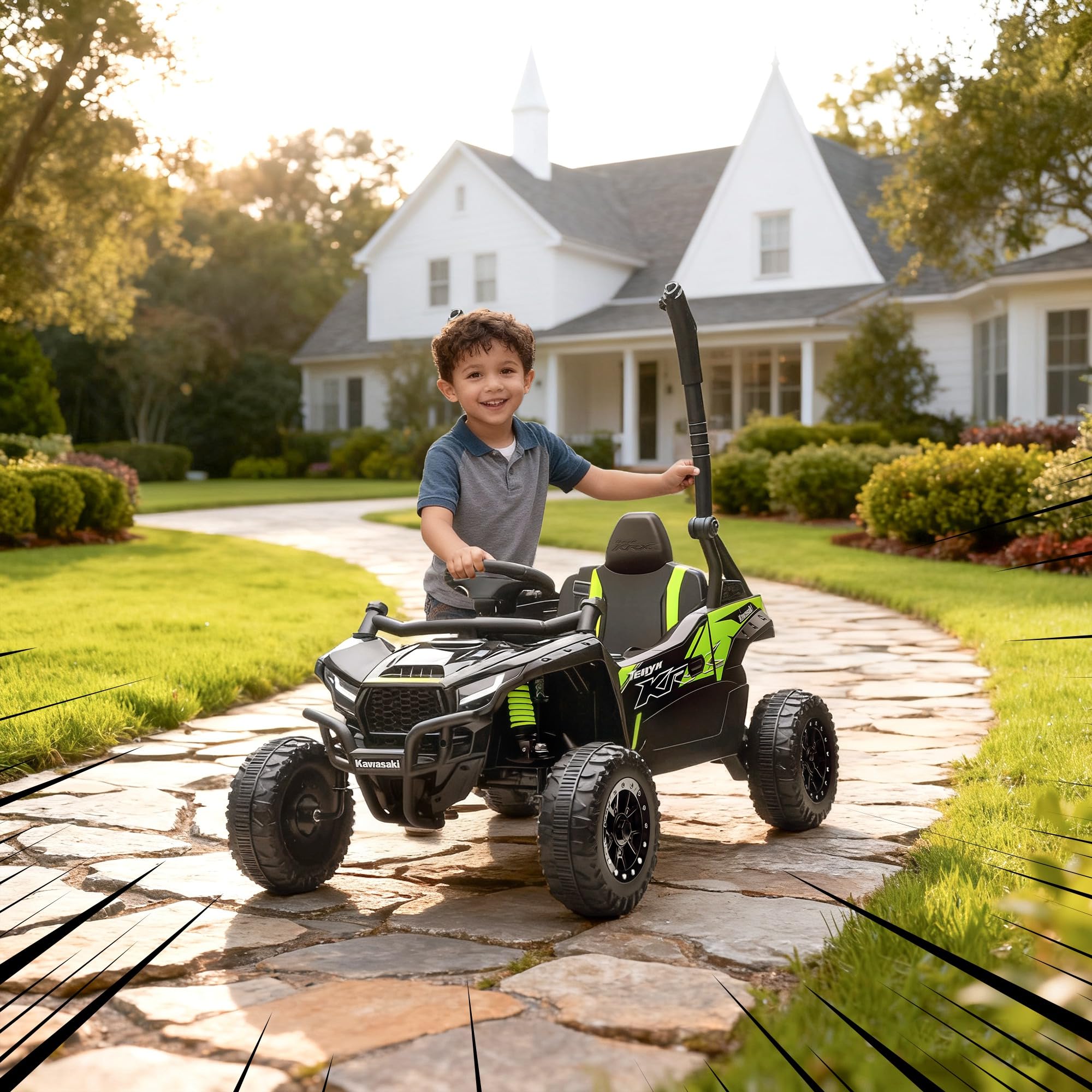 AIYAPLAY Macchina Elettrica per Bambini UTV KAWASAKI TERYX KRX, 12V Fuoristrada Auto per Bambini con 2 Motori, Cintura, Telecomando, Sospensioni, USB, Bluetooth, Musica, Luci, 3-5km/h, 3-5Anni, Nero