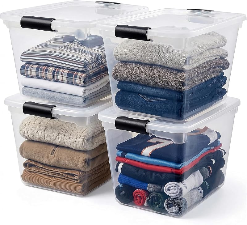 HOMZ Contenedores de almacenamiento de plástico transparente con tapas con cierre, 31 cuartos, gris, paquete de 4 | Juego de contenedores apilables para organización del hogar, estantes de oficina, cocina, garaje y baño