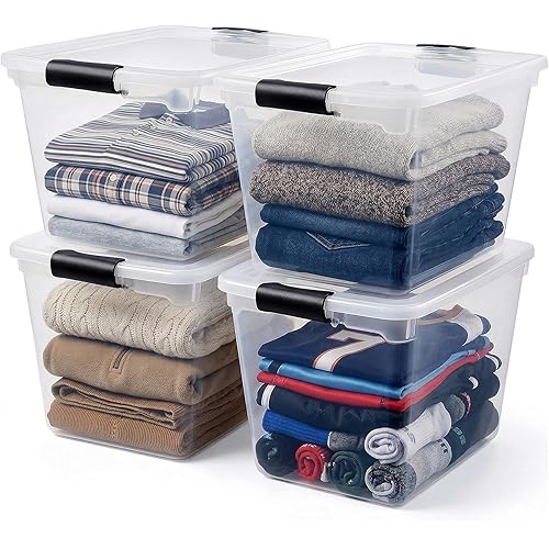 HOMZ 4-Pack 31 Quart Latching Lid, Clear Plastic Storage Organizer Bins, Gray – Stackable Containers for Home & Office Shelves, Kitchen, Garage, and Bathroom Organization