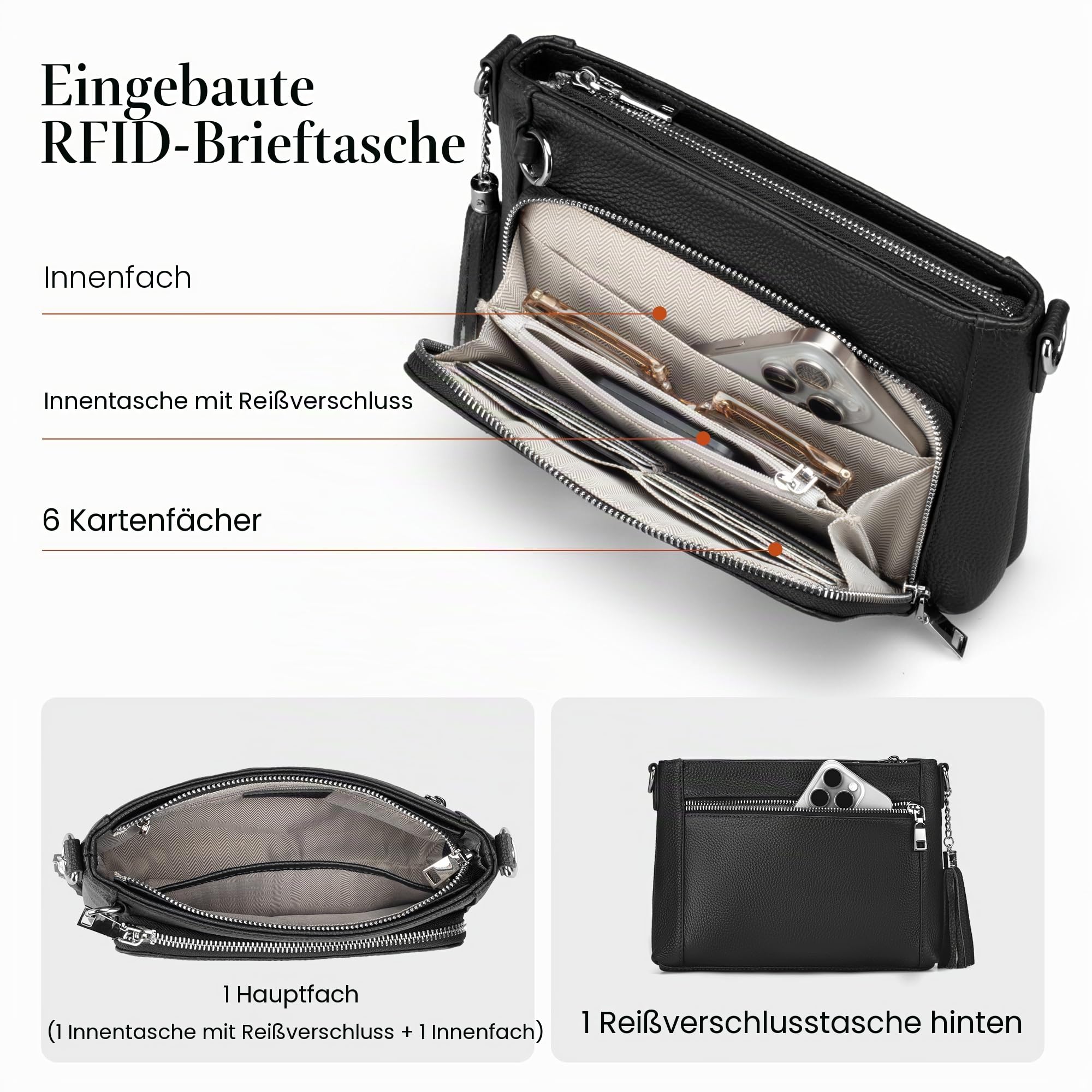 befen Umhängetasche aus echtem Leder für Damen, kleine Umhängetaschen, Diebstahlschutz, Damen-Handtaschen mit RFID-blockierender, integrierter Geldbörse