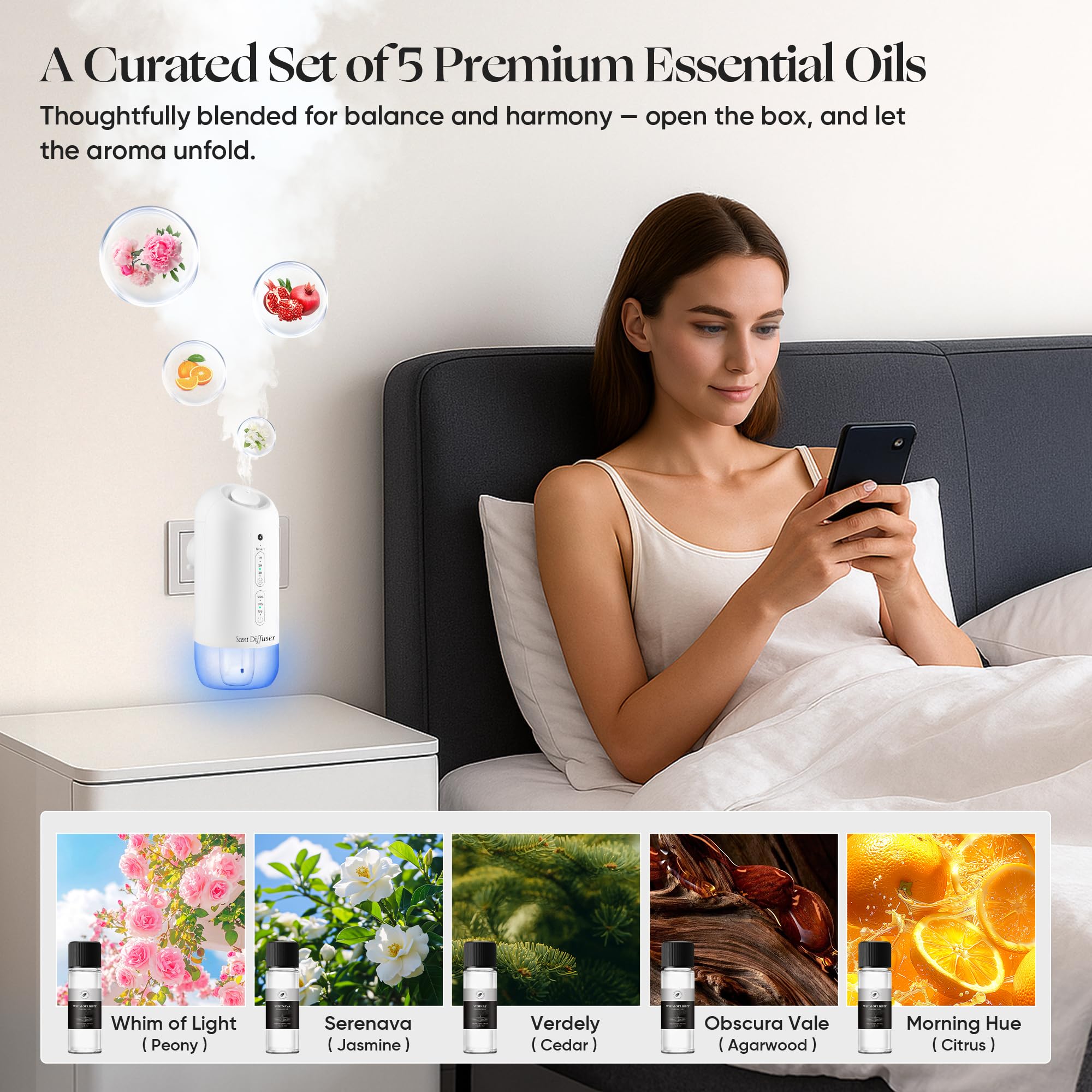 Kit de iniciación de difusor enchufable, difusor de aroma sin agua con 5 aceites esenciales, cobertura de 700 pies cuadrados, diseño de pared inteligente, niebla de aire frío, 3 niveles de niebla y