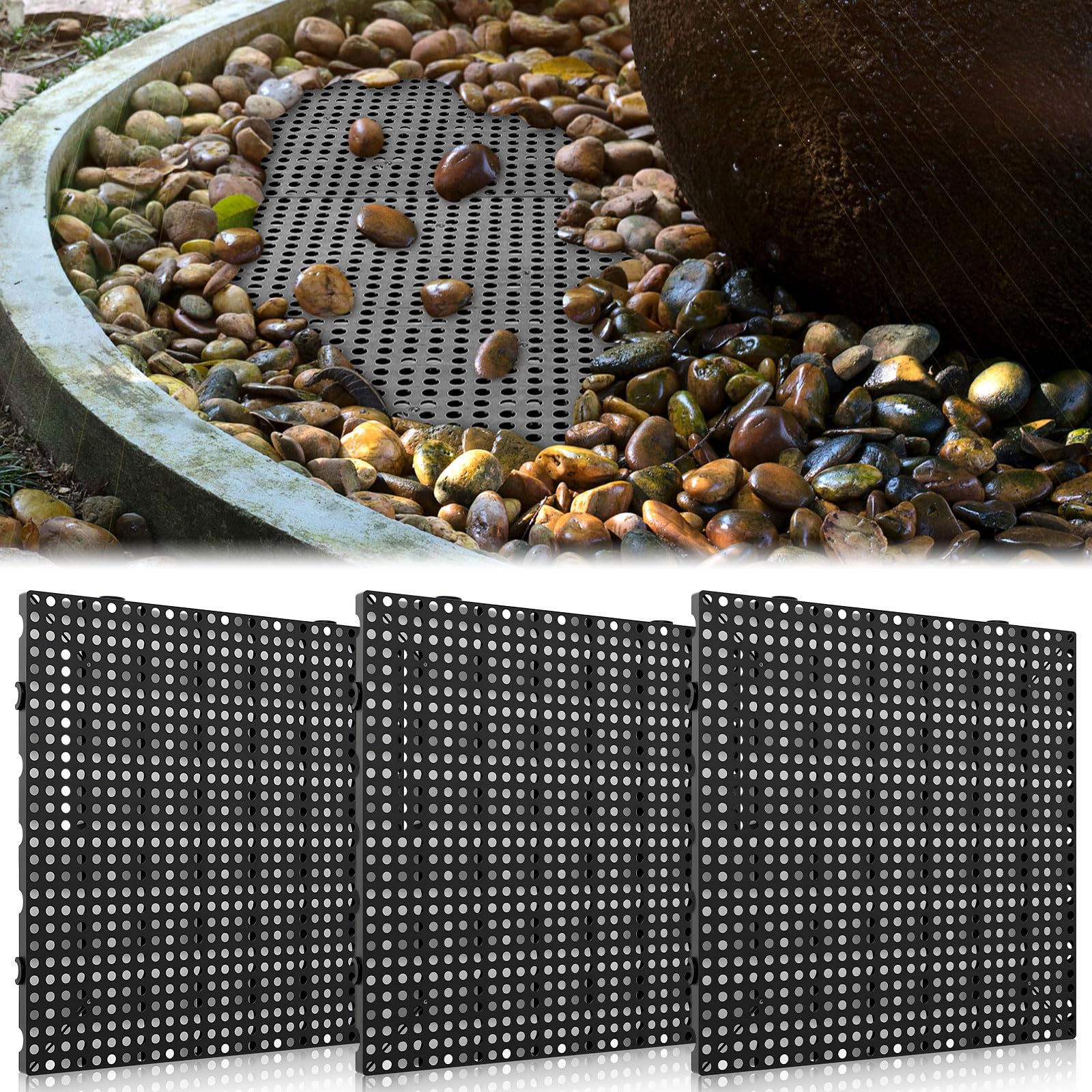 DoubleFill 3 Pack 31.5 Inch x 31.5 Inch Heavy Duty Fountain Basin Grate for Pond and Water Garden Features and More Snap-Together - Hide Reservoir, Rocks, Other Decorative Objects (Black)