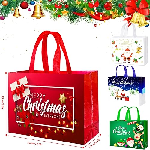 Miniatura 2 de IPQXE Paquete de 12 bolsas reutilizables de Navidad, bolsas de compras no tejidas con asas para regalos, golosinas, envoltura, 12.6 x 9.8 x 4.5