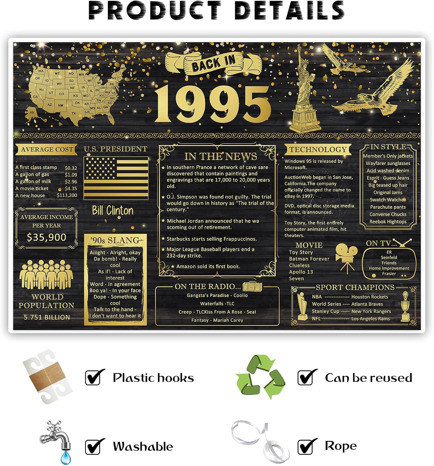 Back in 1995 Banner Backdrop 7x5ft Large Size 31st Birthday Backdrop Poster Vintage 1995 Party Background Decor Supplies Happy Birthday Sign - Image 3