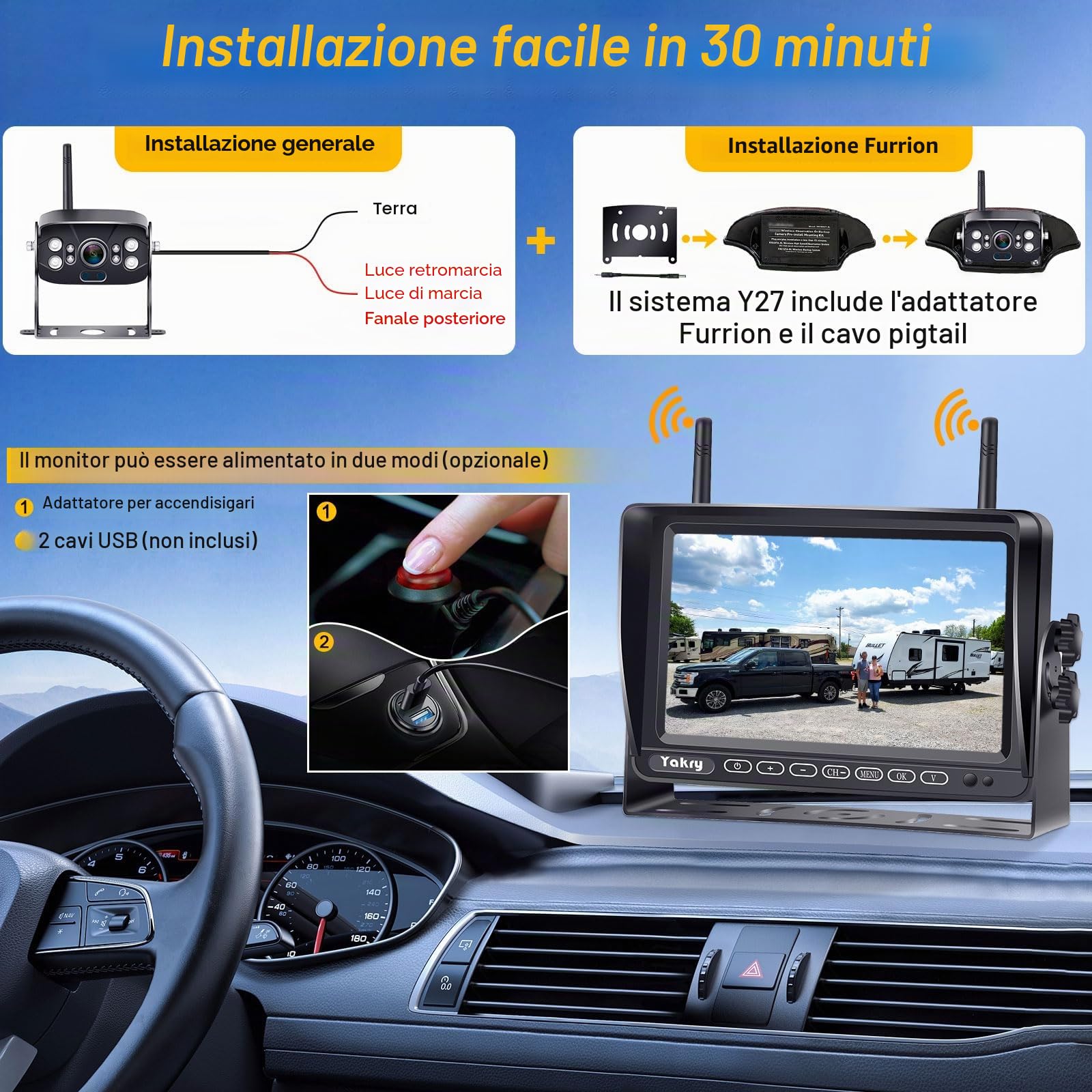 Yakry S33-Y27 - Telecamera di retromarcia wireless FHD 1080P da 17,8 cm con sistema DVR per camper, rimorchi, camion, quinte ruote, barche