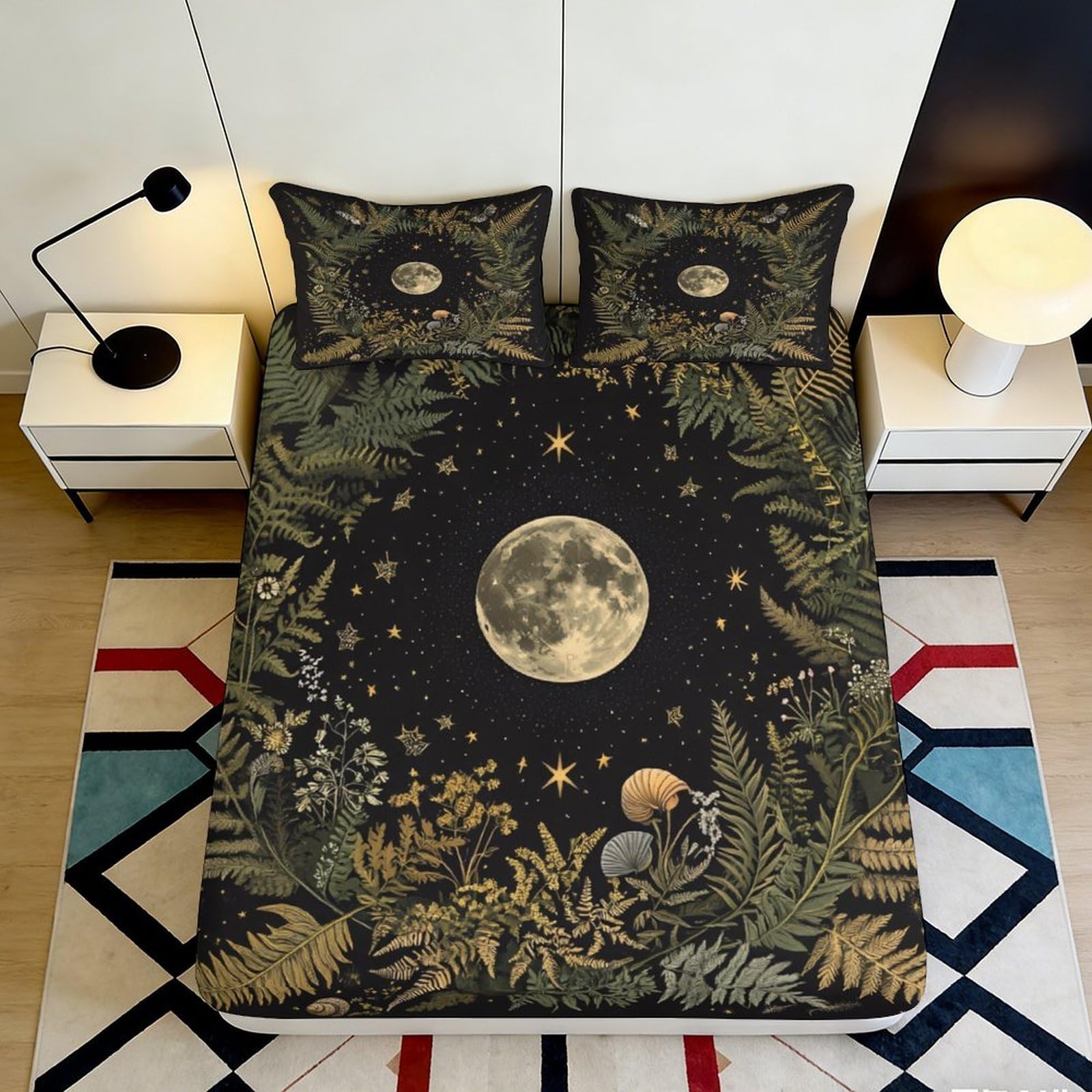 3D Printed Moon Botanical Fitted Sheet Microfiber Soft Star Forest Mattress Cover for Bedroom Guest Room Decor 90x200x25cm