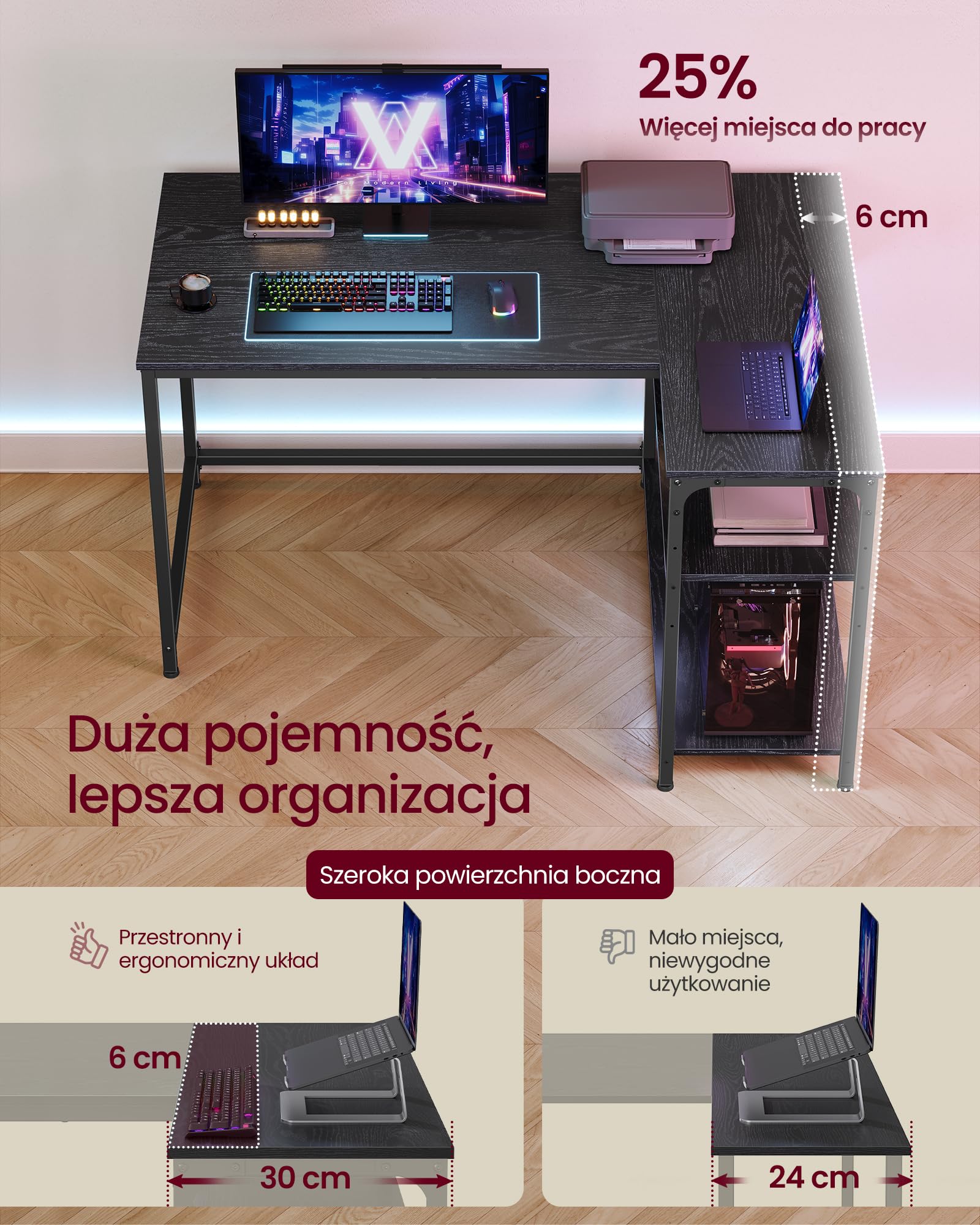 VASAGLE Biurko narożne w kształcie litery L, biurko komputerowe z miejscem do przechowywania, dwustronne półki z regulacją wysokości, do domowego biura, 110 x 80 cm, hebanowe czarne LWD135BE01