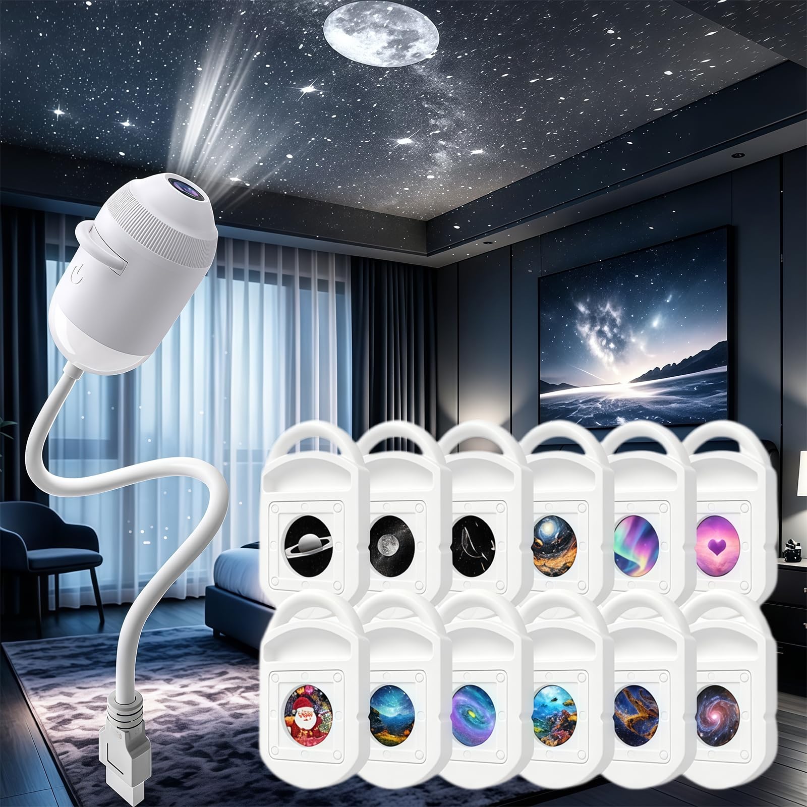 2026 New Hd Smart Dynamic 5d Holographic Night Light Projector with 24 Films,360° Adjustable 2-in-1 Galaxy Star Projector Light,USB Powered for Bedroom,Living Room,Car (12 in 1)