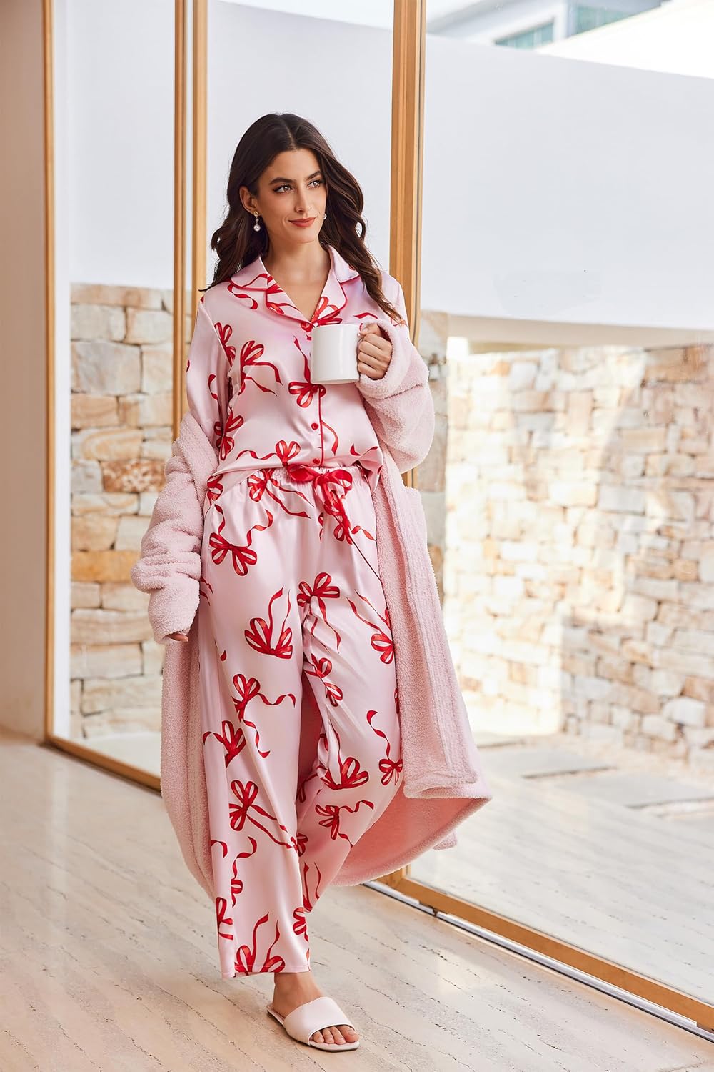 Ekouaer Women Classic Button Down Long Satin Pajamas Set,Bow Tie Silky Cute Pjs Sets Fancy Loungewear - Image 3