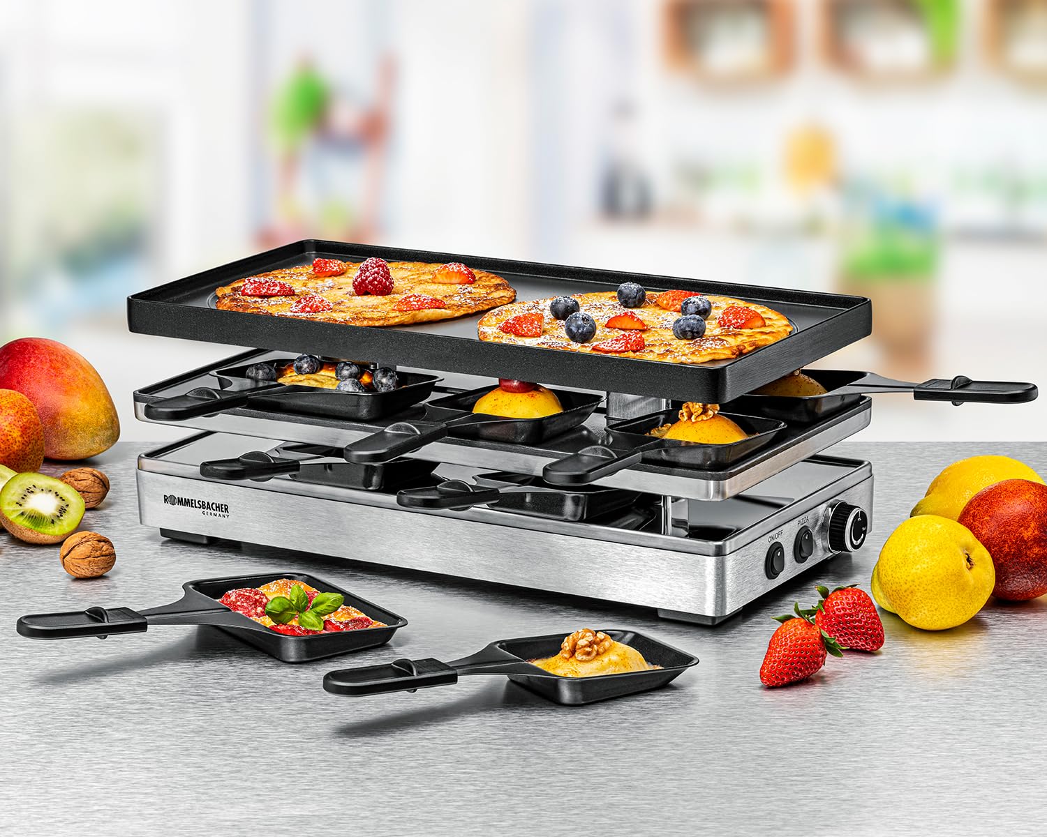 ROMMELSBACHER Pizza Raclette RCP 1800, Wendeplatte (Grillmuster/Crêpes), Pizzafunktion, keramische Antihaftbeschichtung (PFAS-frei), Parkdeck, 2 m Kabel, Ein/Ausschalter, stufenlose Temperaturregelung