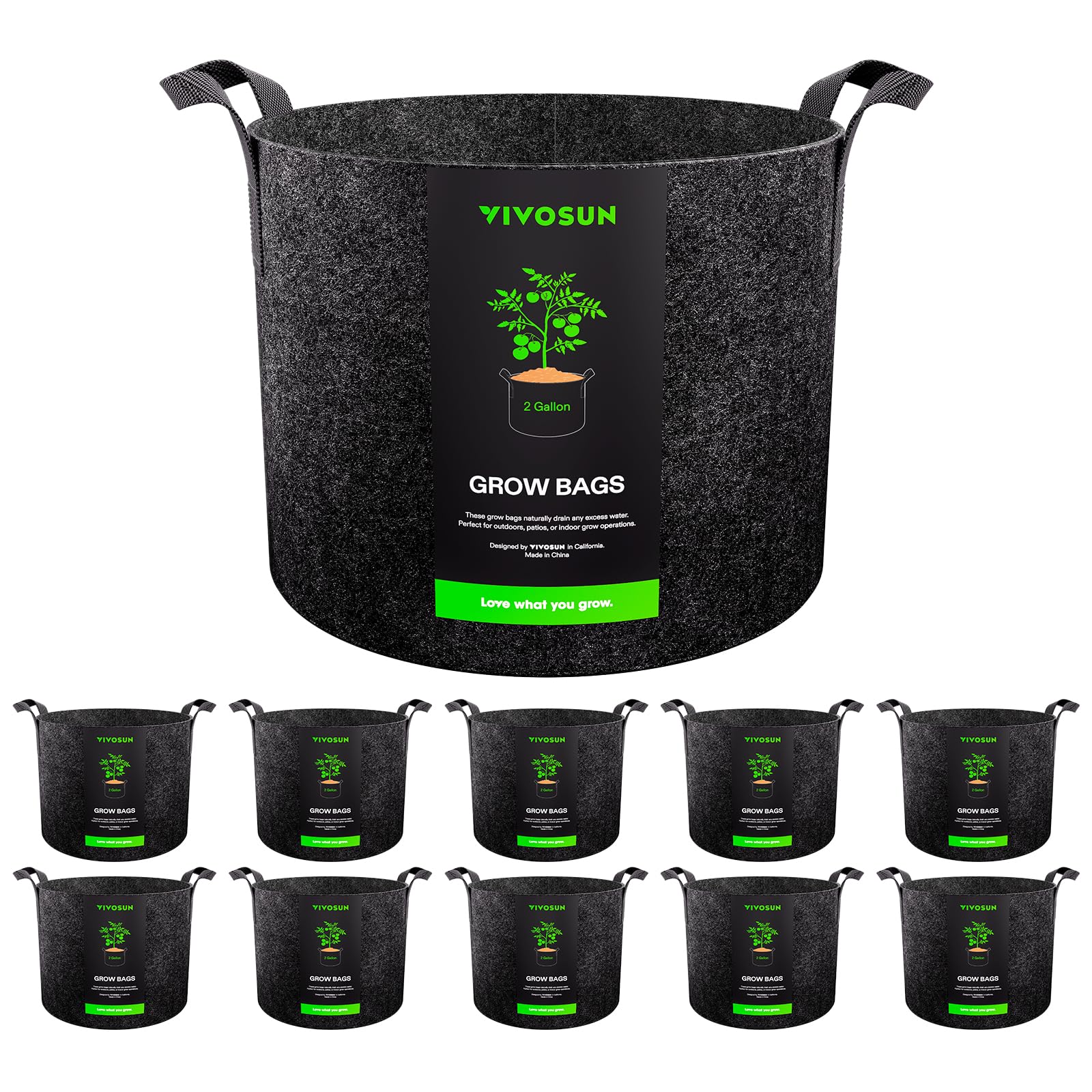 VIVOSUN 10-Pack 2 Gallon Grow Bags, Reinforced Planter Fabric Pots for Gardening Black