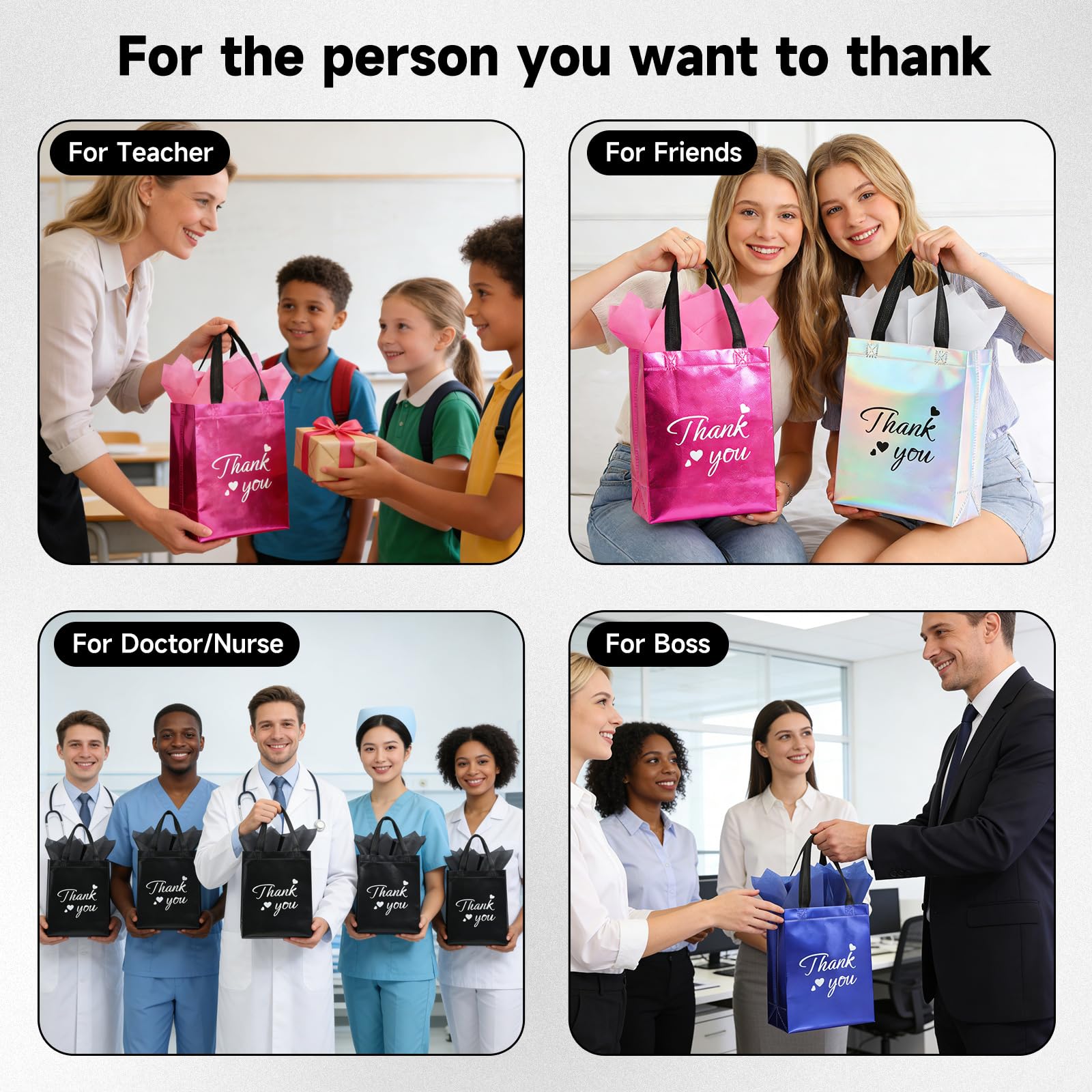 Addblu 60 Pcs Reusable Gift Bags with Handles - Includes 20 Thank You Gift Bags, 20 Tissue Papers, 20 Cardboard Bases for Employee Appreciation Gifts Bulk, Team, Staff, Teachers, Coworkers, Business (Mix Color, 20PCS)