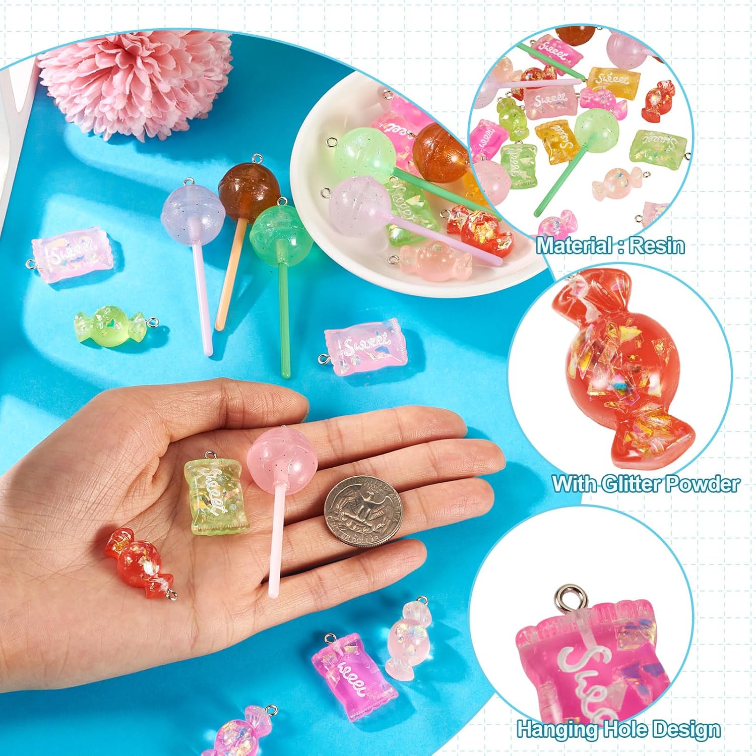 Cheriswelry 24Pcs Resin Imitation Food Charms Candy Lollipop Resin Pendant Cute Dessert Charm Hang Ornaments 27.5-64mm for Keychain Necklace Earring Jewelry Making Supplies - Image 5