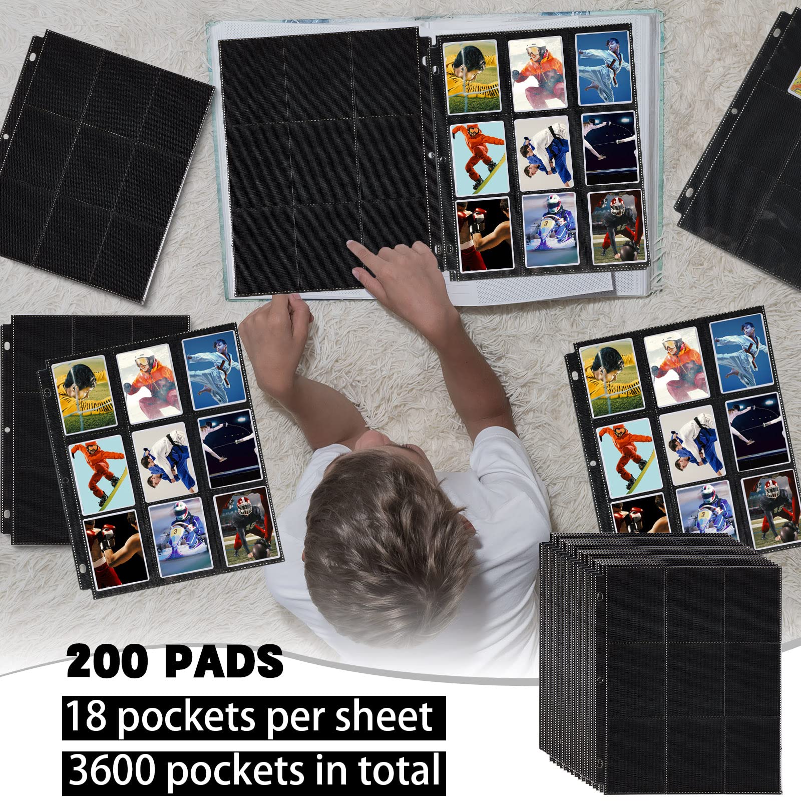 200 blocs de 9 bolsillos, protectores de página de doble cara, fundas para tarjetas de intercambio, fundas para tarjetas, hojas de carpeta, 3 anillas, fundas protectoras para tarjetas de intercambio