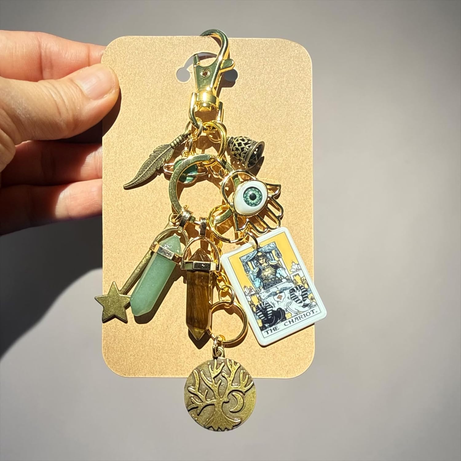 Success, Abundance, Strength, Bag Charm Keychain, The Chariot Tarot Card, Hamsa Hand, Tree of Life, Crystal Pendants, Gold Tone