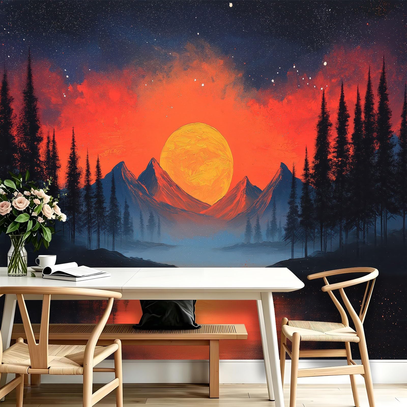 Fototapeta z motywem lasu fantasy, 200 x 140 cm (szer. x wys.) – klej nie wchodzi w zakres dostawy – kuchnia, sypialnia, salon, nowoczesna, pionowa tapeta ścienna, tapeta z włókniny, gwiaździste niebo