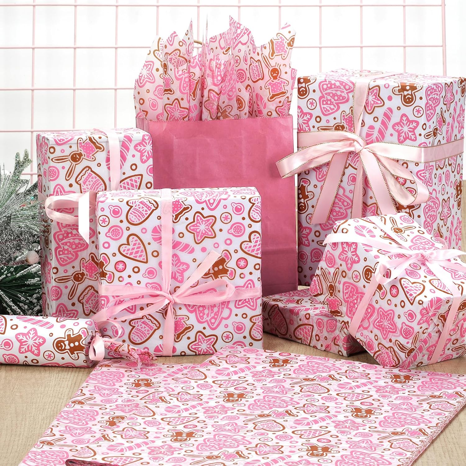 100 Sheet Christmas Tissue Paper, 20x14in Gingerbread Man Xmas Tree Cane Snowflake Pattern Art Paper for Christmas Party Home Decor Gift Crafts (Pink)