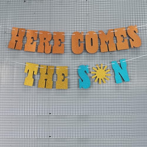 Miniatura 7 de Cartel pre-encordado de Here Comes The Son - NO DIY - Decoraciones de baby shower de sol - Cartel de fiesta de revelación de género con purpurina en
