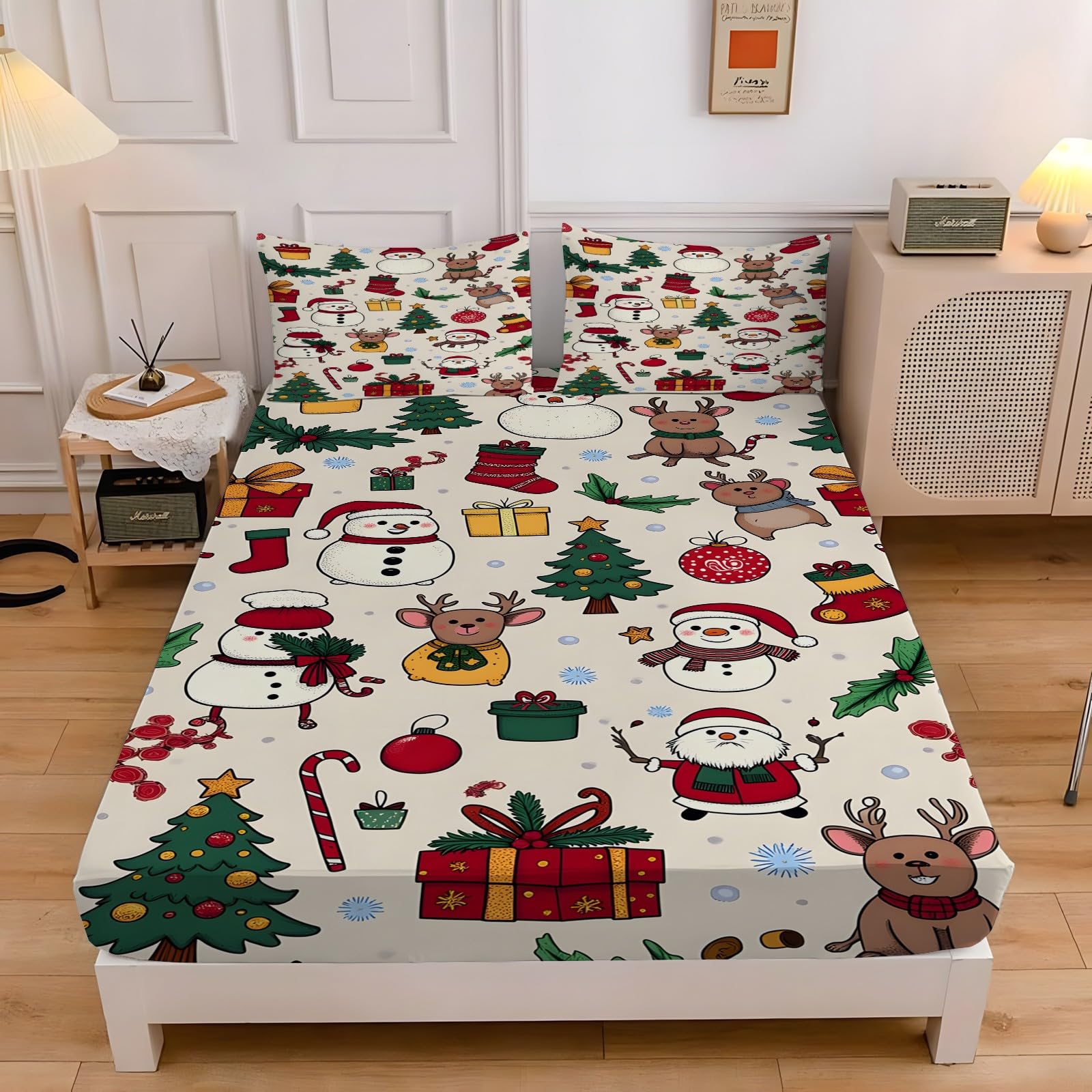 Prześcieradło z gumką 200 x 200 cm, na Boże Narodzenie, prześcieradło z gumką 200 x 200 cm, z dużą czapką 30 cm i 2 poszewkami na poduszki, zestaw prześcieradeł z gumką, na gruby materac