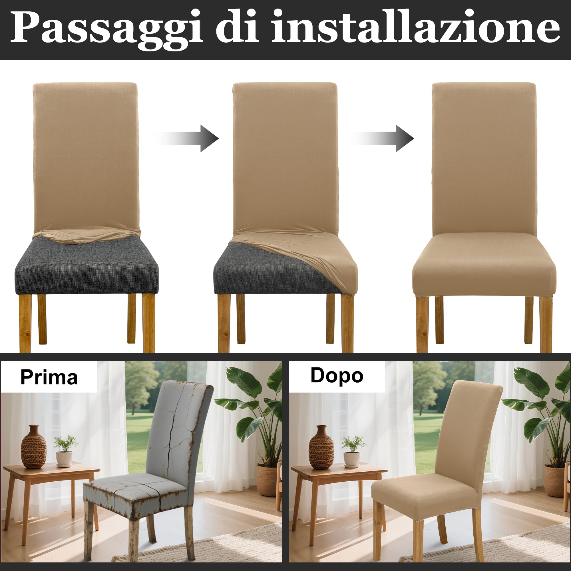 DREAHOTEXTIL coprisedia con schienale、coprisedia elasticizzati、coprisedie antigraffio gatto、copri sedia da ufficio (set da 2/4/6 pezzi con schienale) per salotti, cucine, feste e hotel. (6, khaki)
