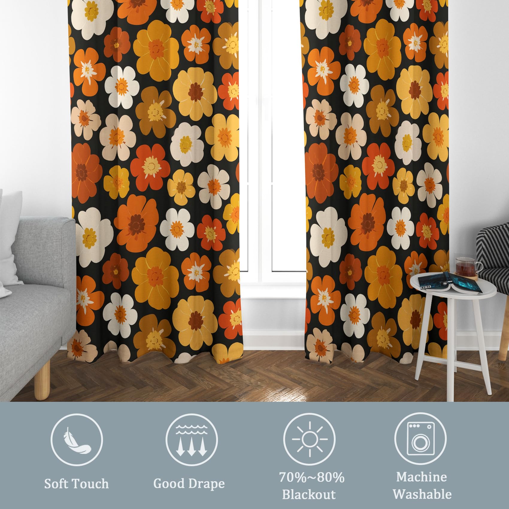 Rideau Hippie Occultant Motif Fleur Orange Jaune Retro Années 70 Rideaux Chambre Salon Cuisine Fenêtre 140 x 245 cm, Oeillets Rail Rideaux Occultants Thermique