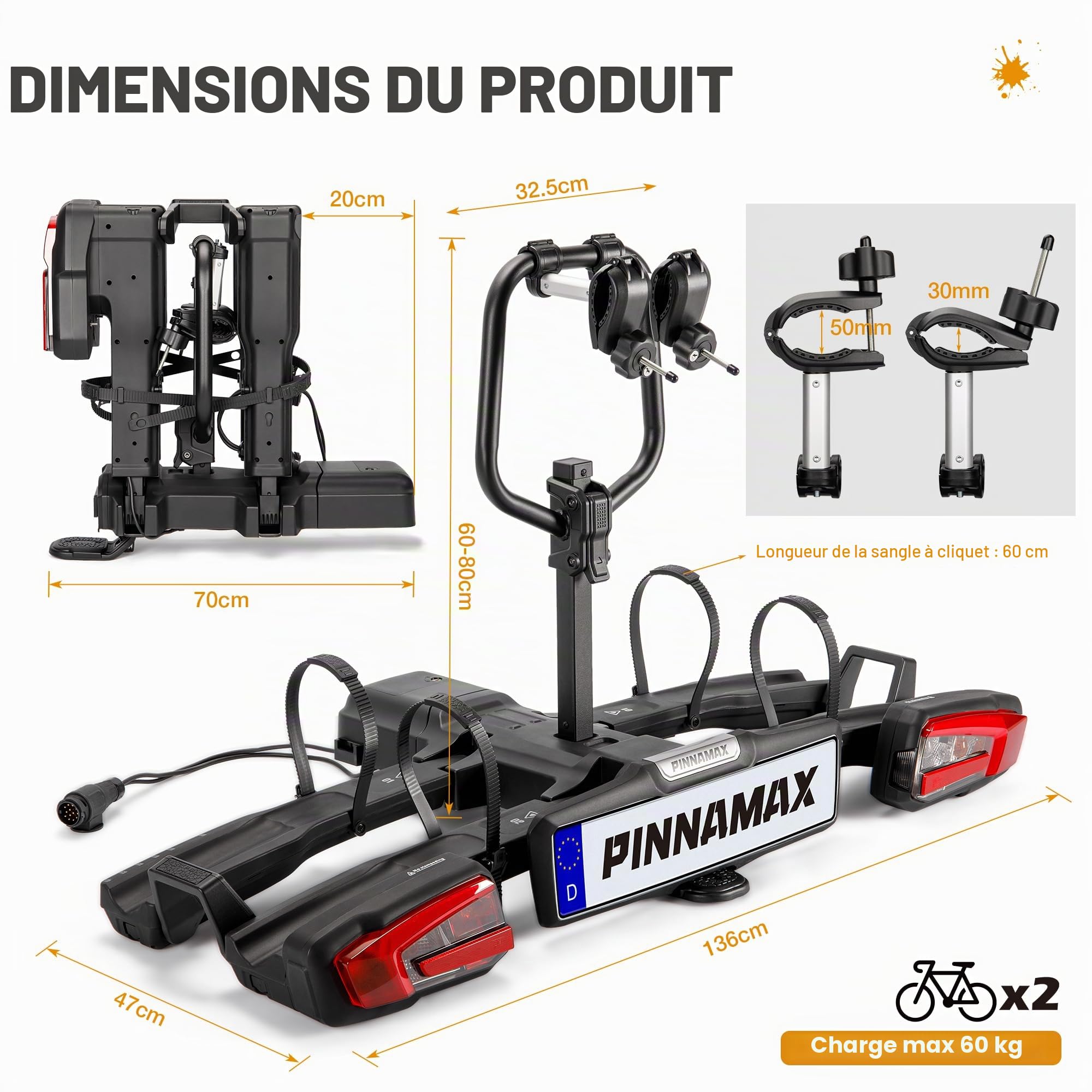 Porte-vélos EBike pour 2 vélos, support arrière pliable et inclinable pour attelage de remorque jusqu'à 60 kg, porte-vélos avec protection antivol, feu arrière et support