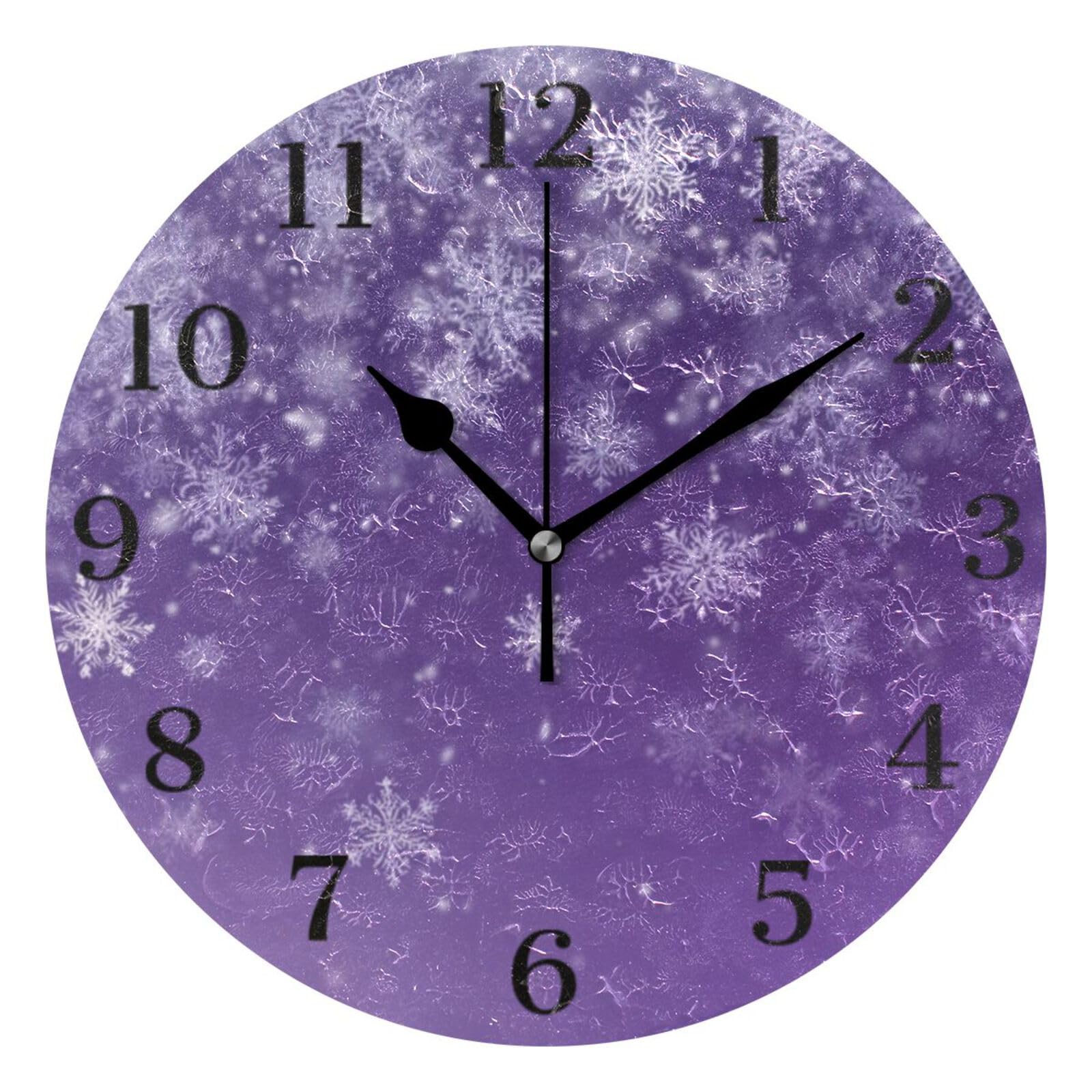 Ensound Purple Snowflake Pattern Wall Clock Silent Non-Ticking Battery Operated Clocks 12 Inch for Kitchen Home Living Room