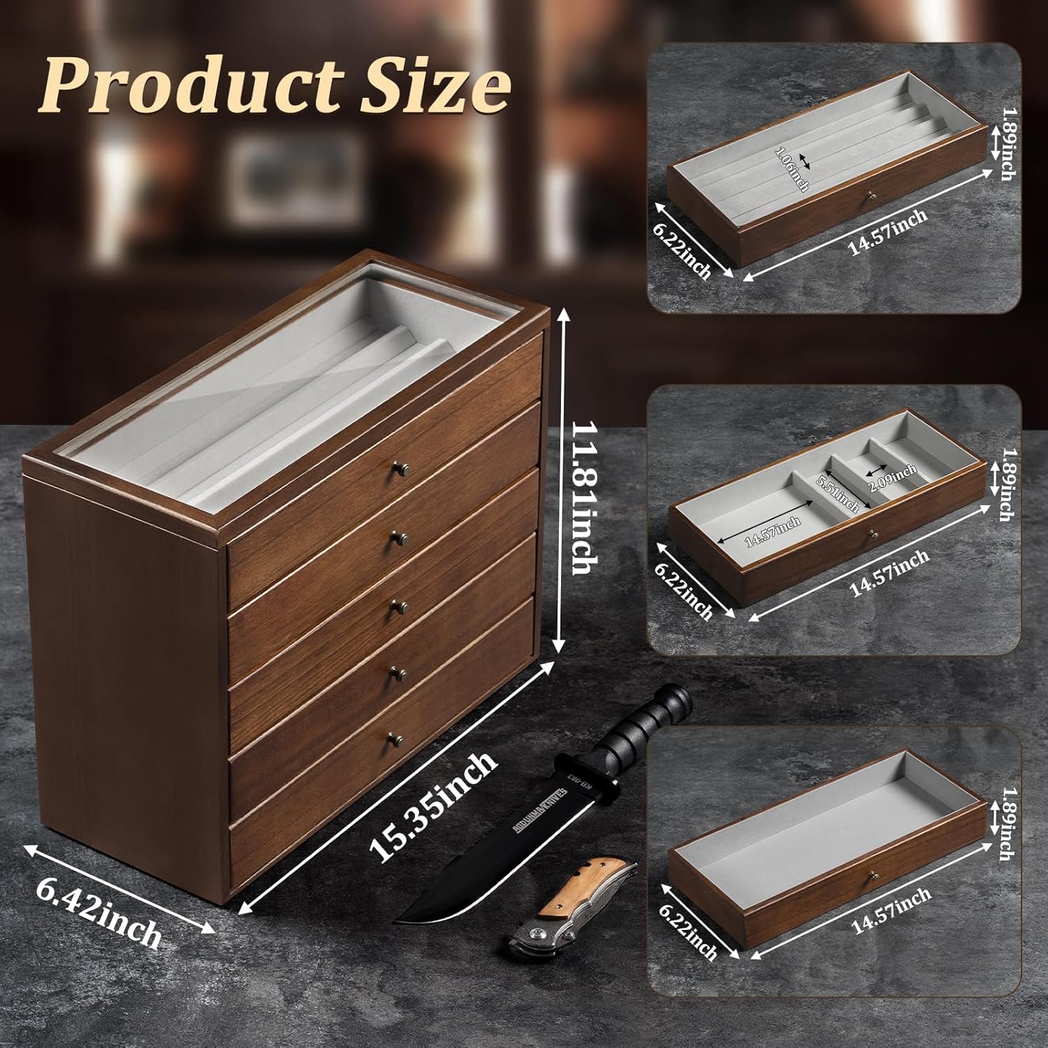 5-Tier Large Knife Display Case & Organizer, Wooden Pocket Knife Storage Box with Transparent Lid, Collector-Grade Holder for Folding Knives and Daggers, Ideal Men‘s Gift