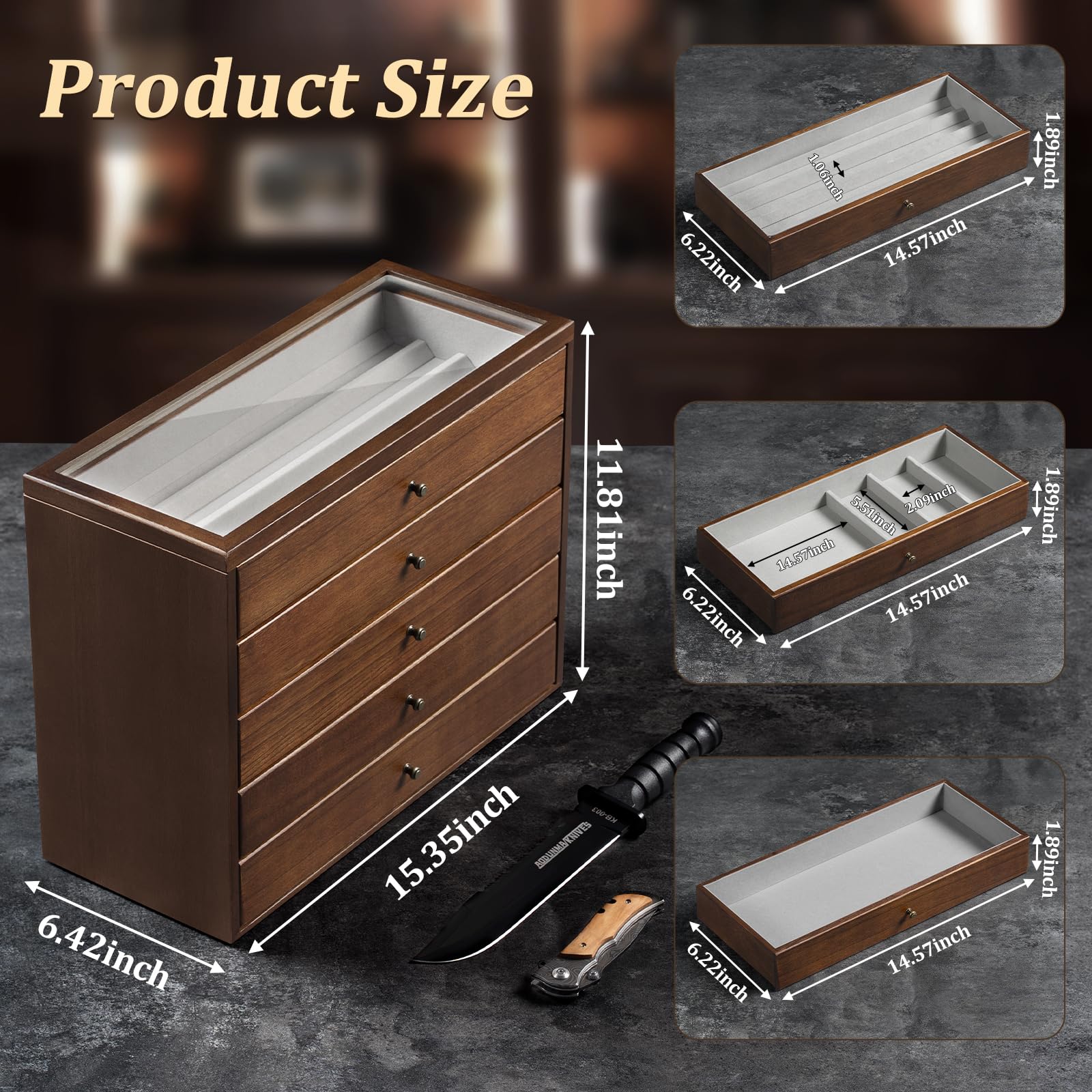 5 Étages Présentoir à Couteaux, Grande Vitrine à Couteaux pour Plusieurs Couteauxs Pliants, Vertical Coffret Poignard avec Tiroir, Support à Couteauxs en Bois pour Collections, Cadeau (Noyer)